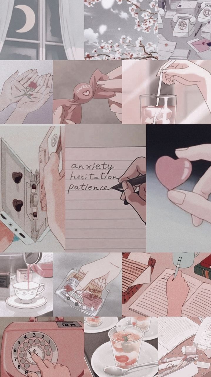 A collage of pictures with different things in them - Pink anime