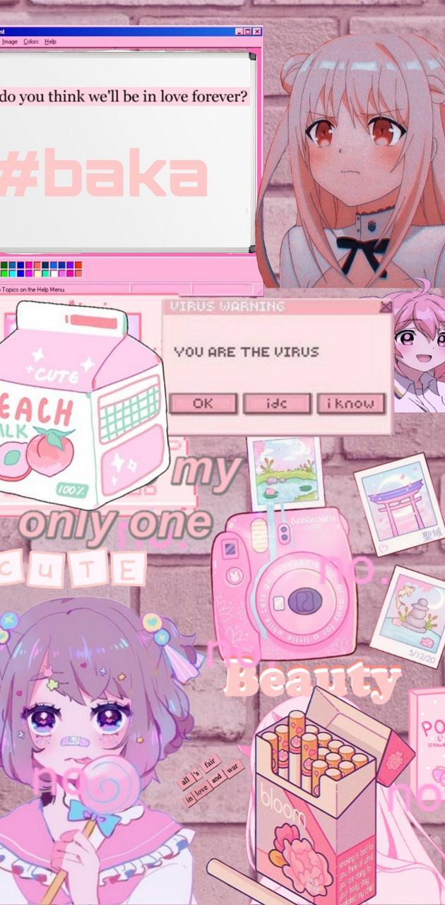 Aesthetic background of pink and purple, with anime characters and a camera. - Pink anime
