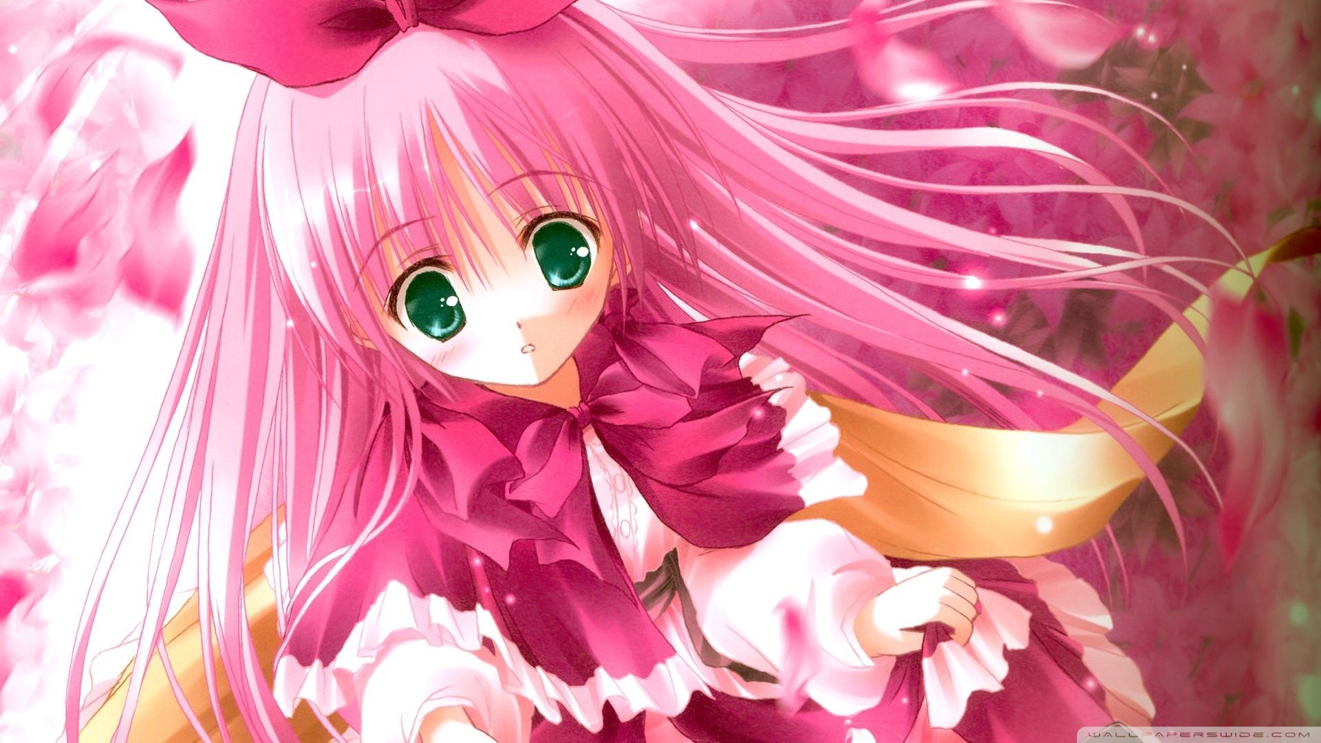 A pink haired anime girl in a pink dress with a pink bow in her hair - Pink anime