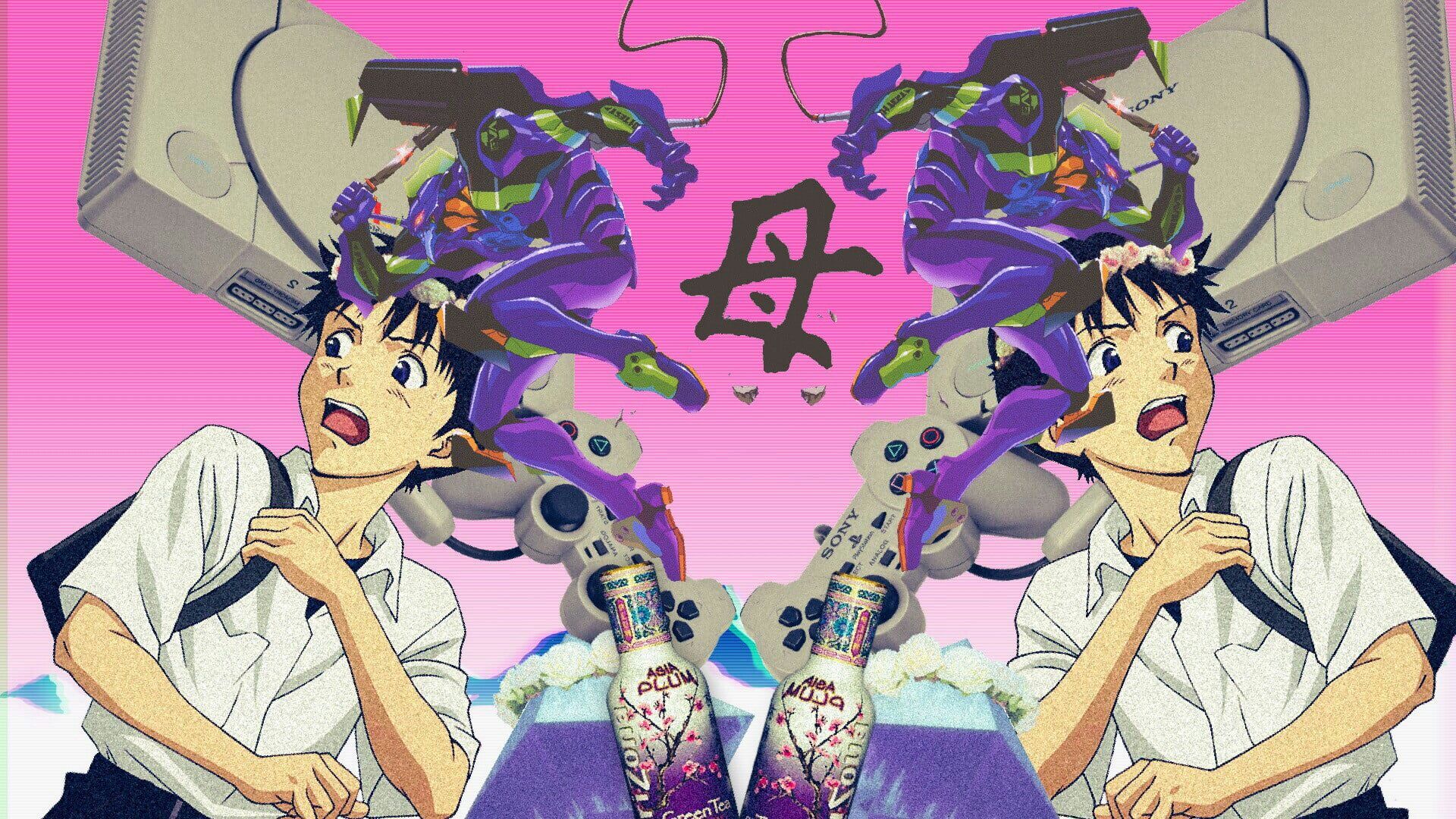 A picture of two boys with their heads together - Vaporwave, pink anime, animecore