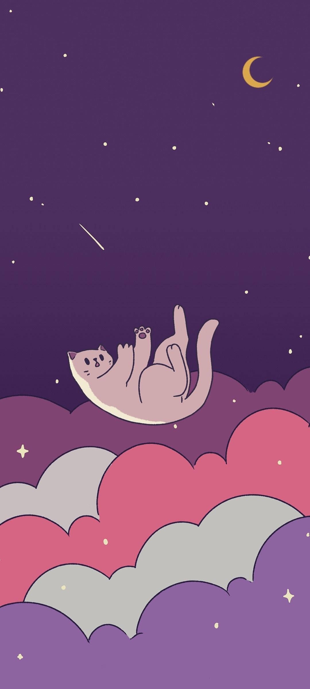 IPhone wallpaper of a cat lying on a cloud in the night sky - Art