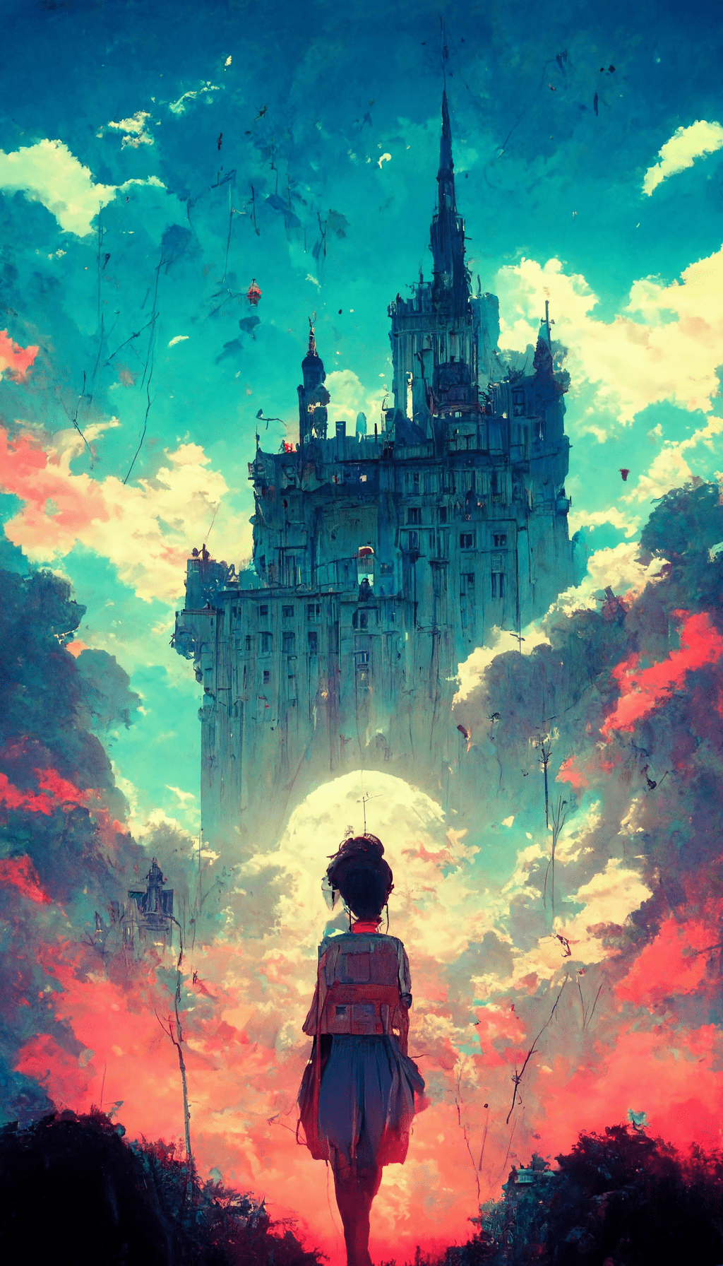 A woman standing in front of a castle in the clouds - Anime, art, cool, beautiful, iPhone, castle, couple, phone, pretty, blue anime, anime city