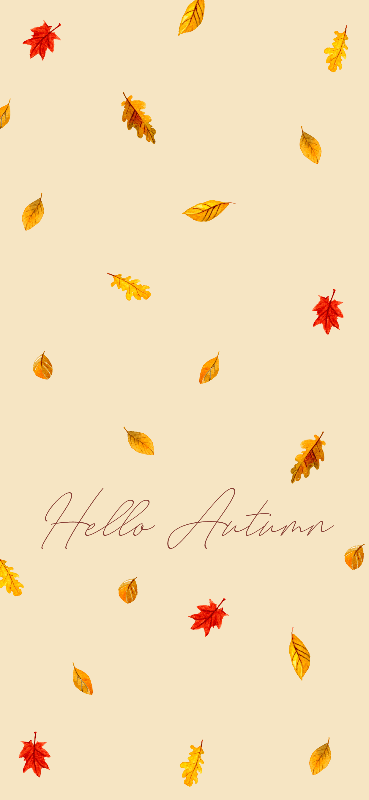 Hello autumn wallpaper with falling leaves and a handwritten font - Fall iPhone