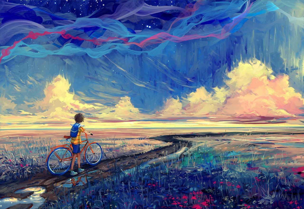 A painting of someone riding their bike in the field - Art