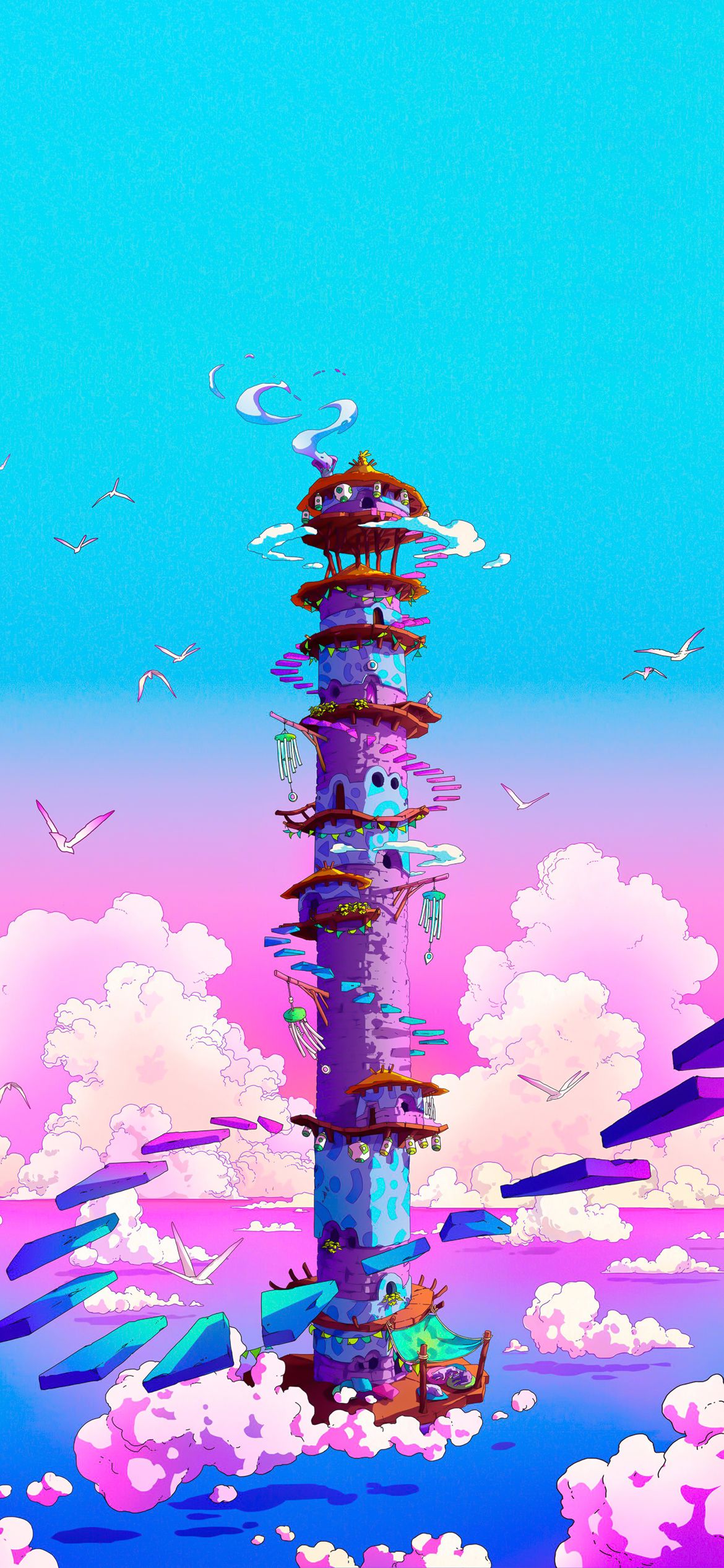 A colorful digital artwork of a tall tower with a sky background - Cool, art, teal, Pokemon, iPhone, clean, cute iPhone