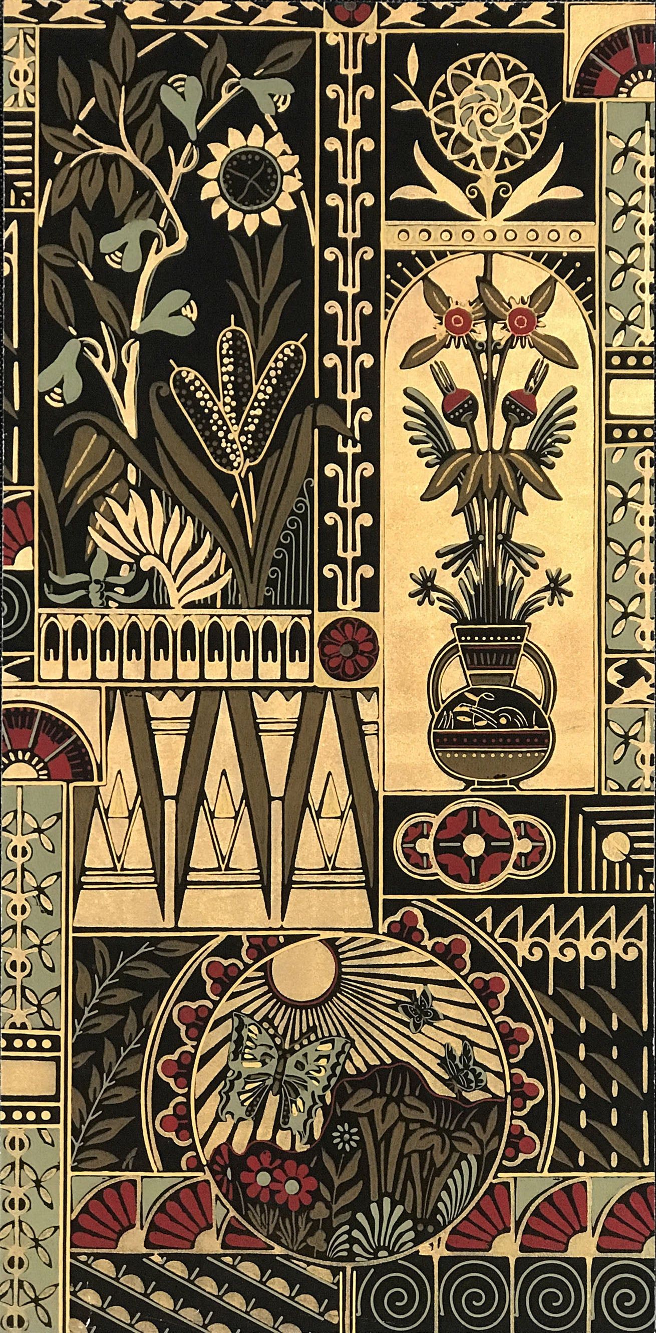 A pattern of flowers and geometric shapes in black, gold, and red. - Art