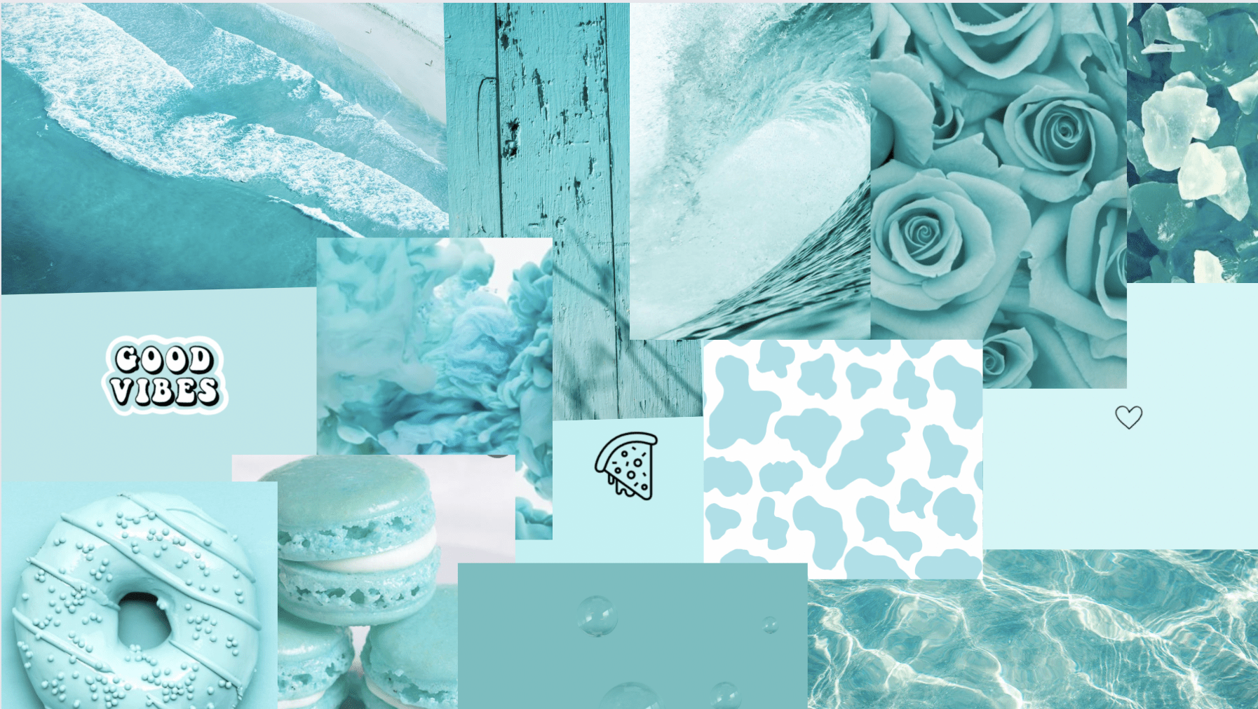 A collage of blue aesthetic pictures including flowers, water, and donuts. - Turquoise, aqua