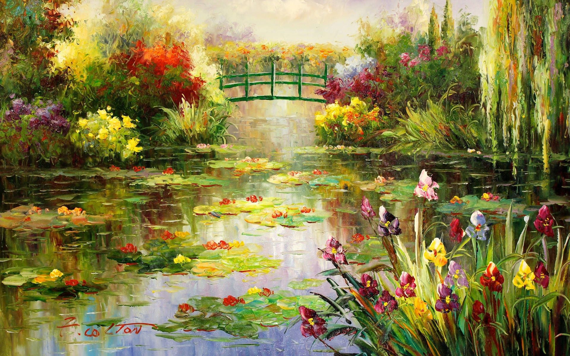 A painting of a pond with a bridge in the background - Art