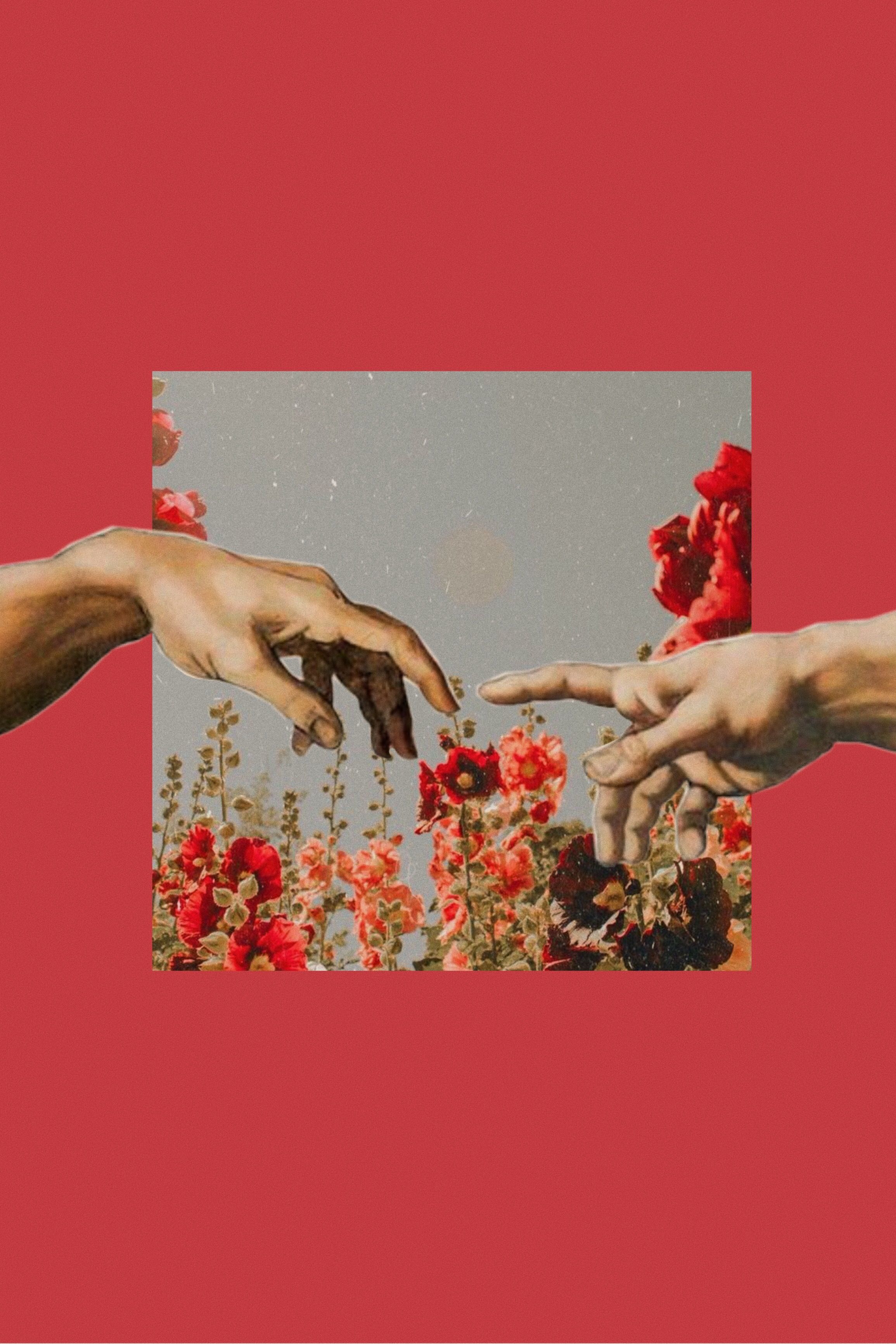 A collage of two hands reaching for each other in front of a field of flowers. - Art