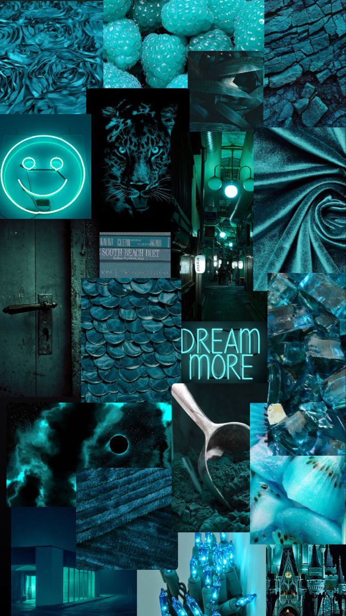 A collage of different pictures with blue light - Turquoise, teal