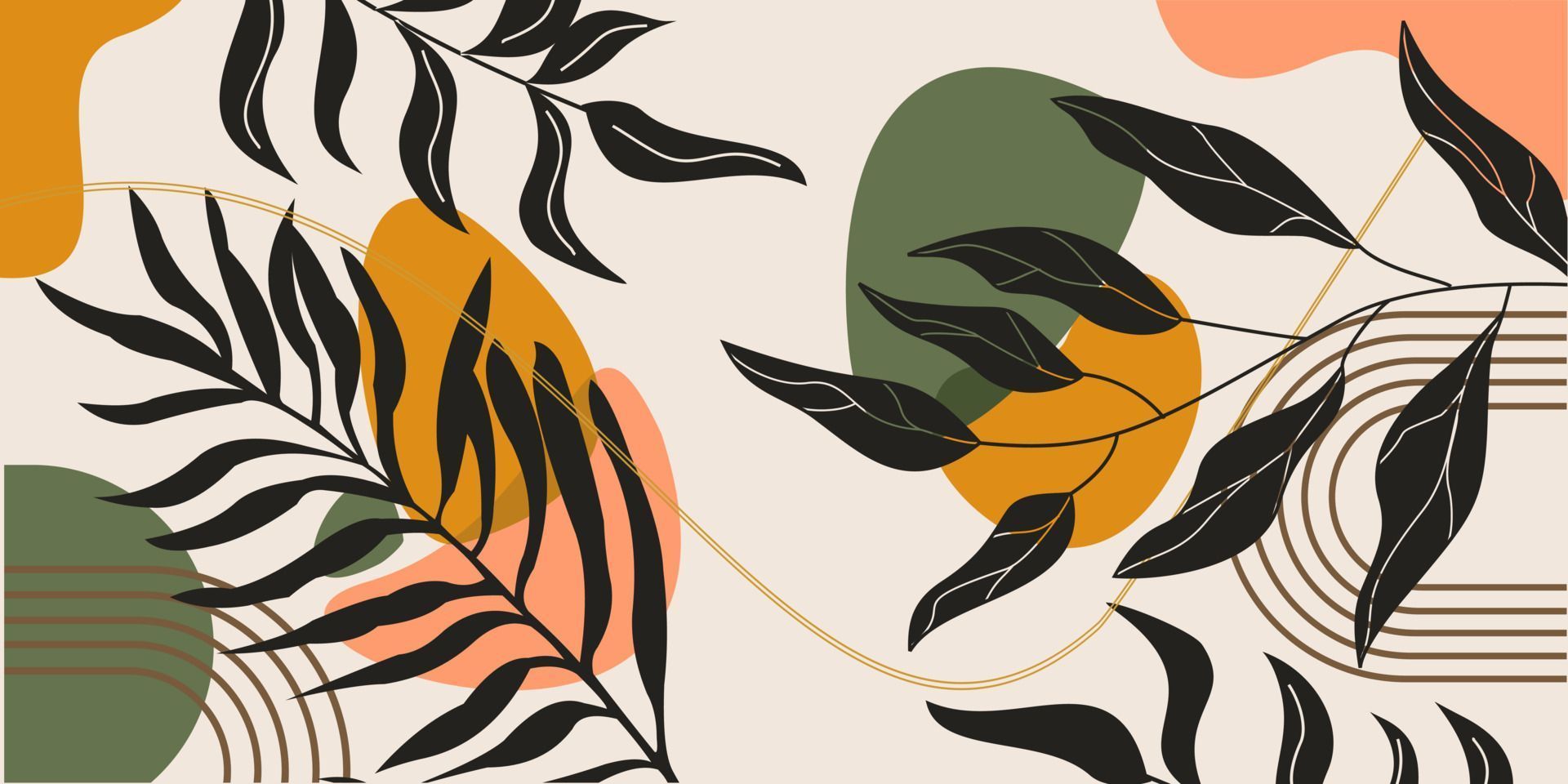 A digital artwork with an abstract design of green, yellow and orange leaves on a cream background - Art, simple, design, nature, abstract, profile picture, pattern, illustration, vector