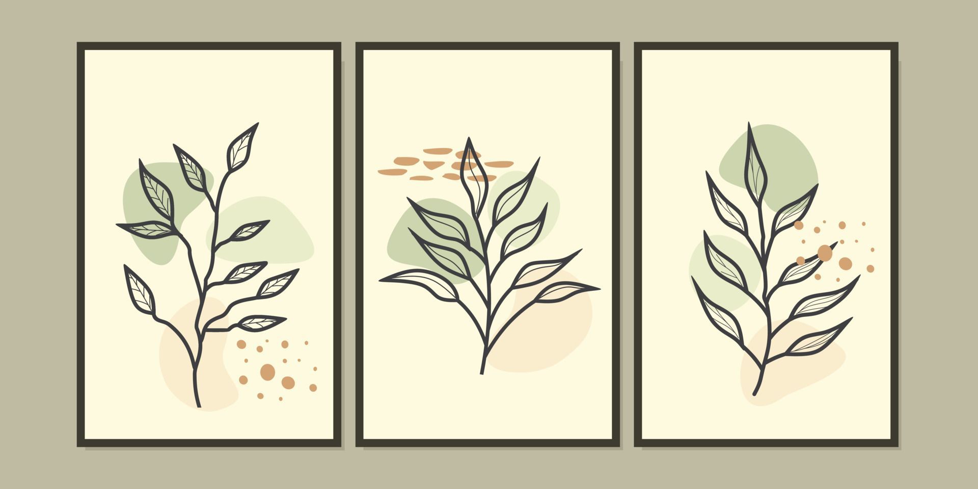 A set of three vector prints featuring abstract leaves on a beige background - Boho