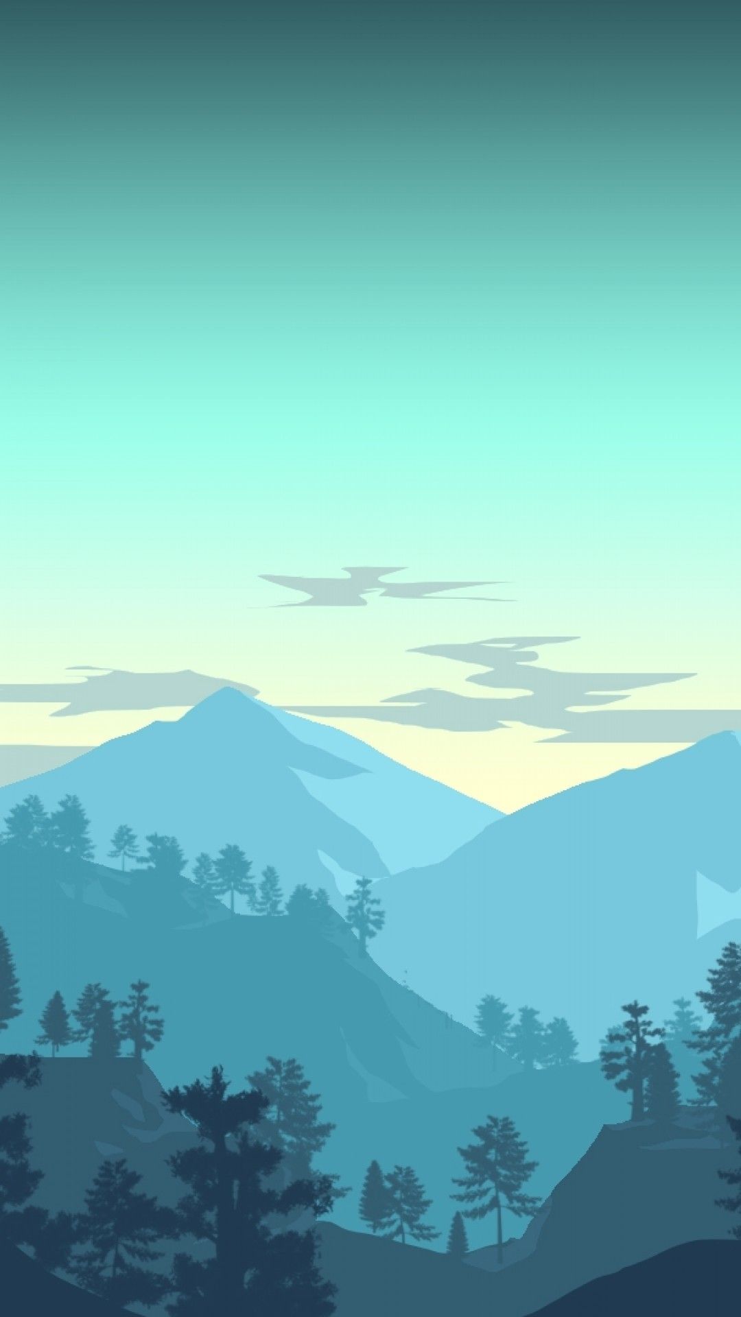 A minimalist landscape illustration of a forested mountain range against a blue sky - Pastel minimalist