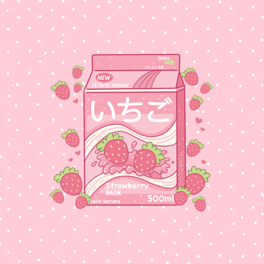 A pink and white polka dot background with a pink carton of strawberry milk in the center. - Milk