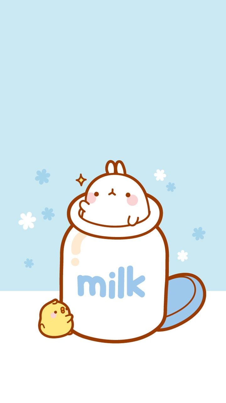 A cute cartoon cat sitting in front of an empty milk bottle - Milk