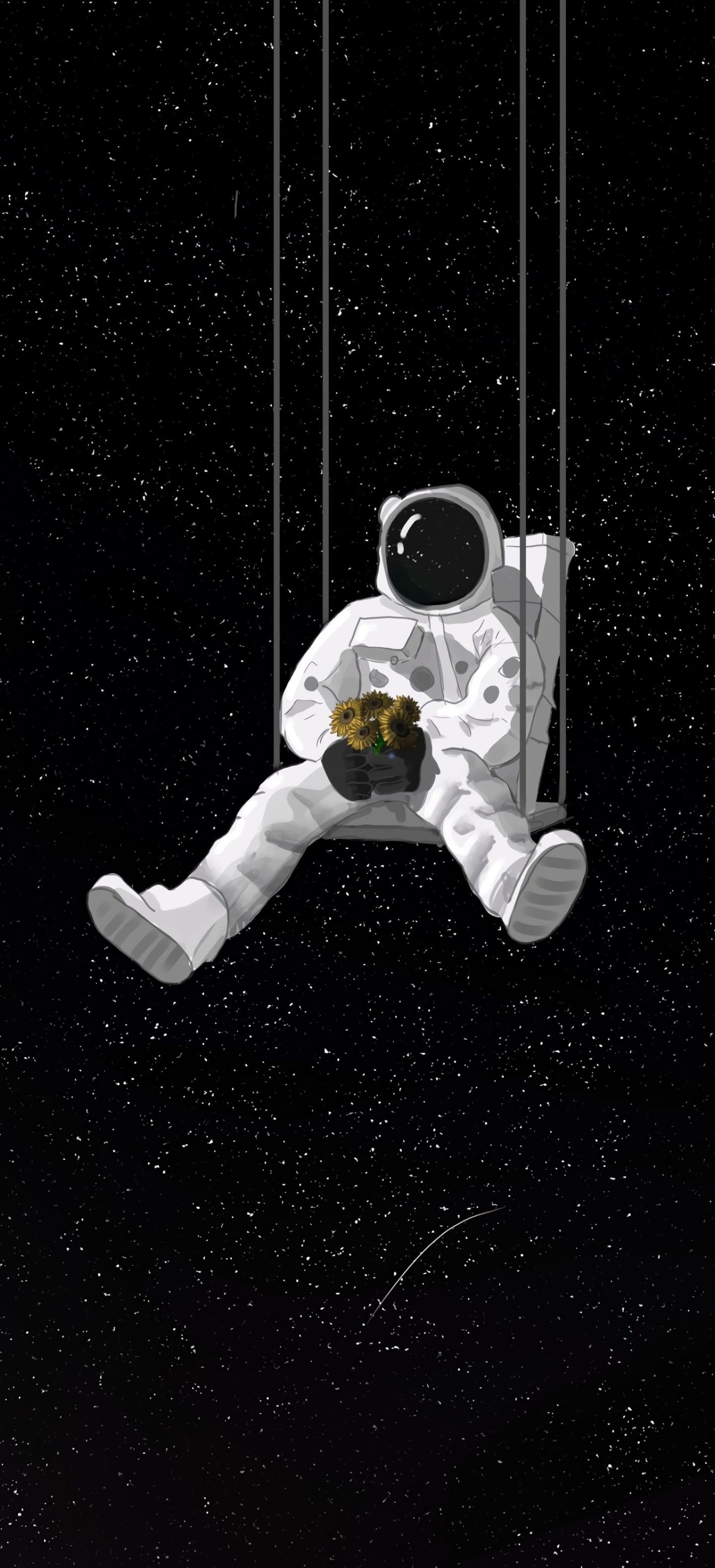 Astronaut swinging on a swing in space with a potted plant - Astronaut