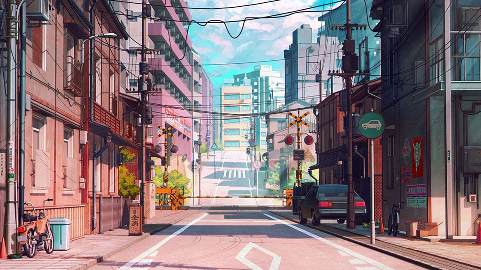 A street with buildings and wires on it - Anime, Japan, Japanese