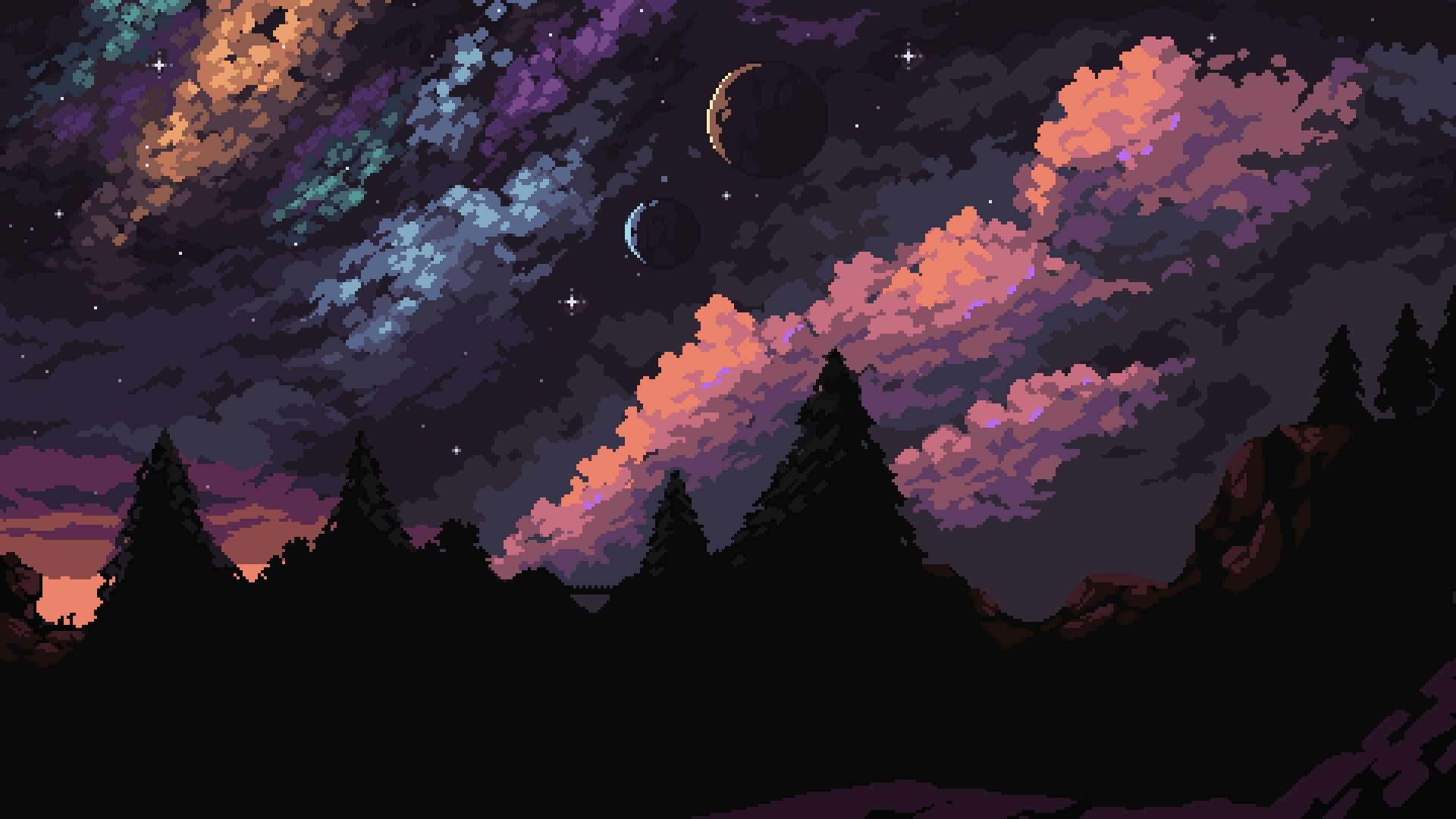 Download Aesthetic Pixel Art Of Planets At Night Wallpaper