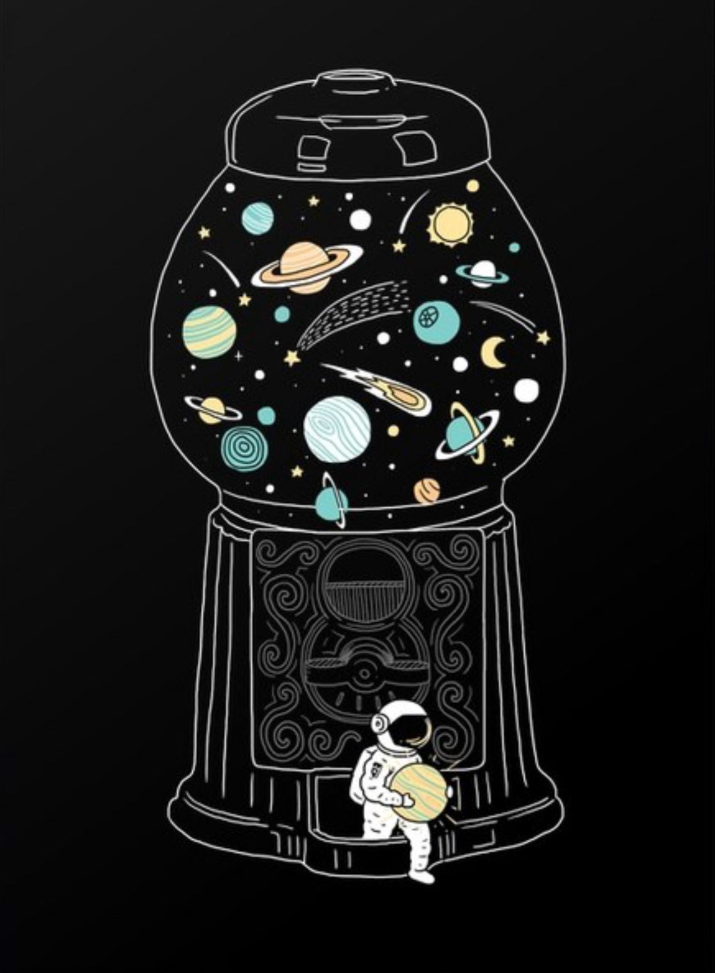 A black graphic t-shirt with a design of an astronaut in front of a gumball machine that is filled with planets. - Astronaut