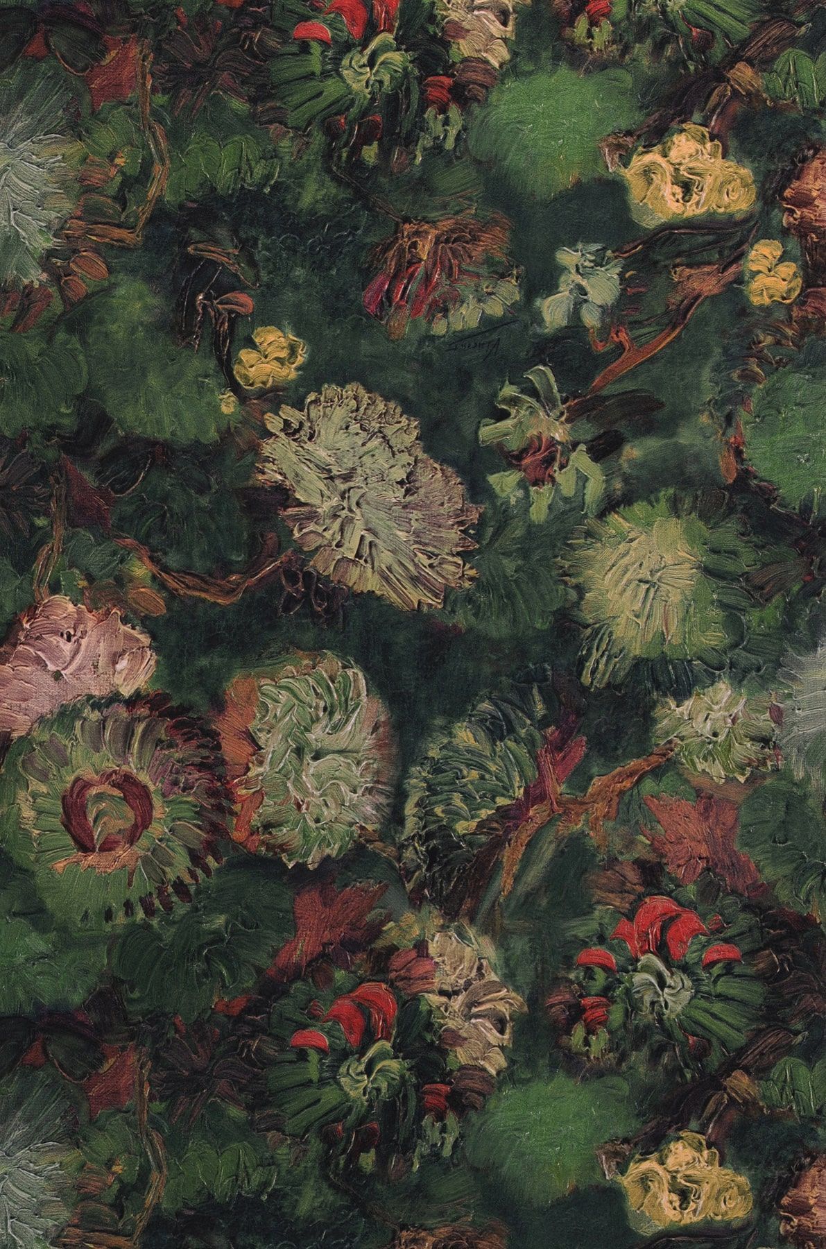 A green and brown patterned fabric with flowers - Dark green