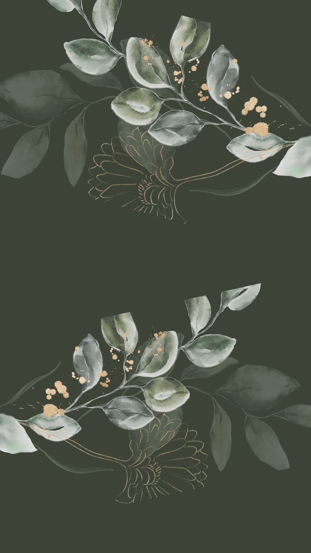 IPhone wallpaper with watercolor greenery and gold details - Dark green