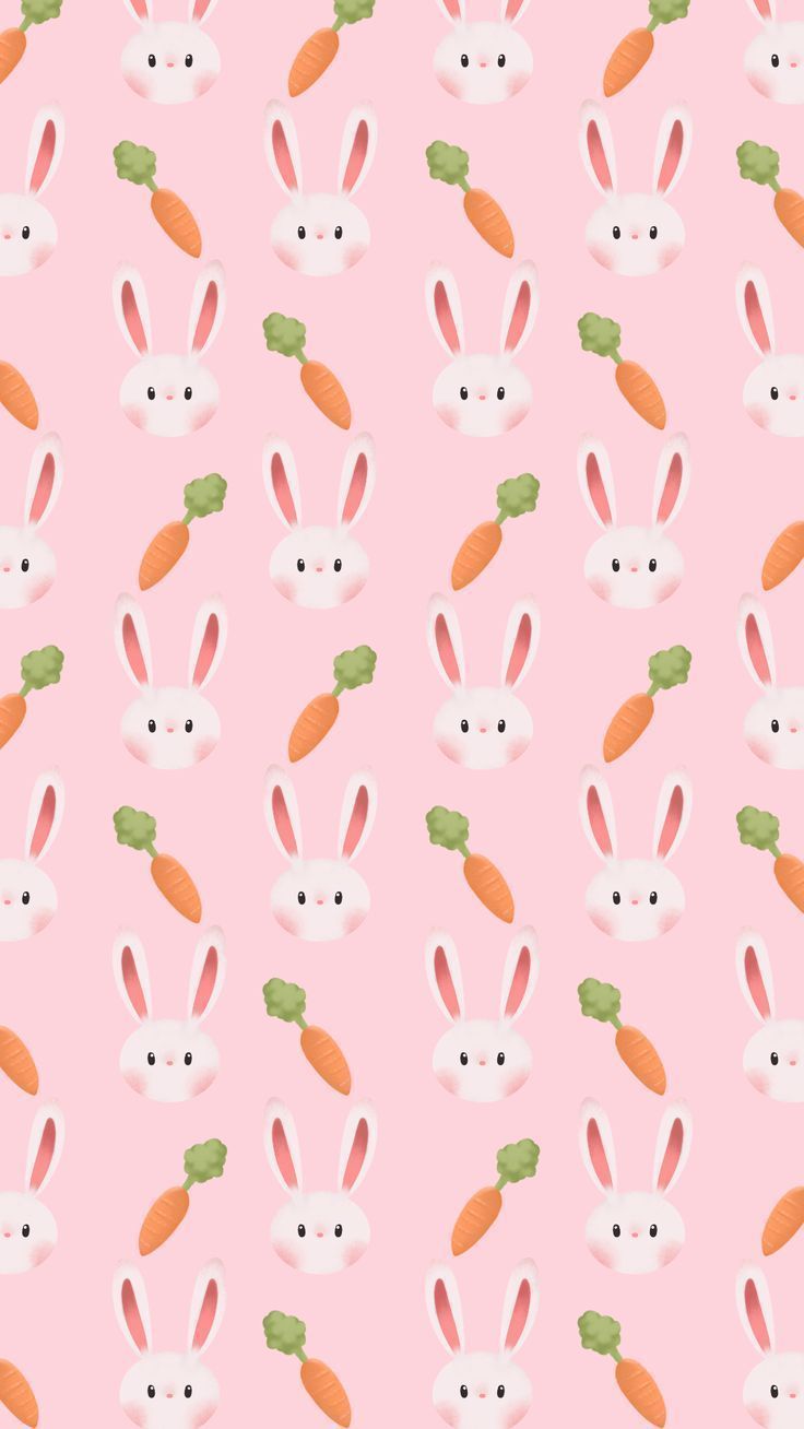 Pink wallpaper with rabbits and carrots. - Easter