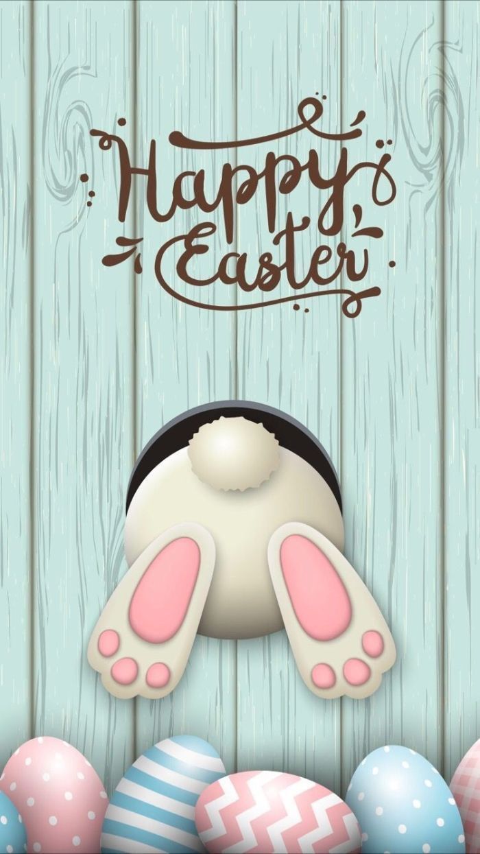 Happy easter wallpaper, bunny with pink ears and tail, peeking out from a hole, colorful eggs on the bottom - Easter