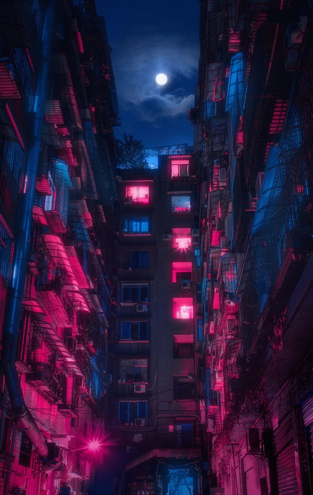 A city street with neon lights and buildings - City, Cyberpunk, punk, 3D, neon pink