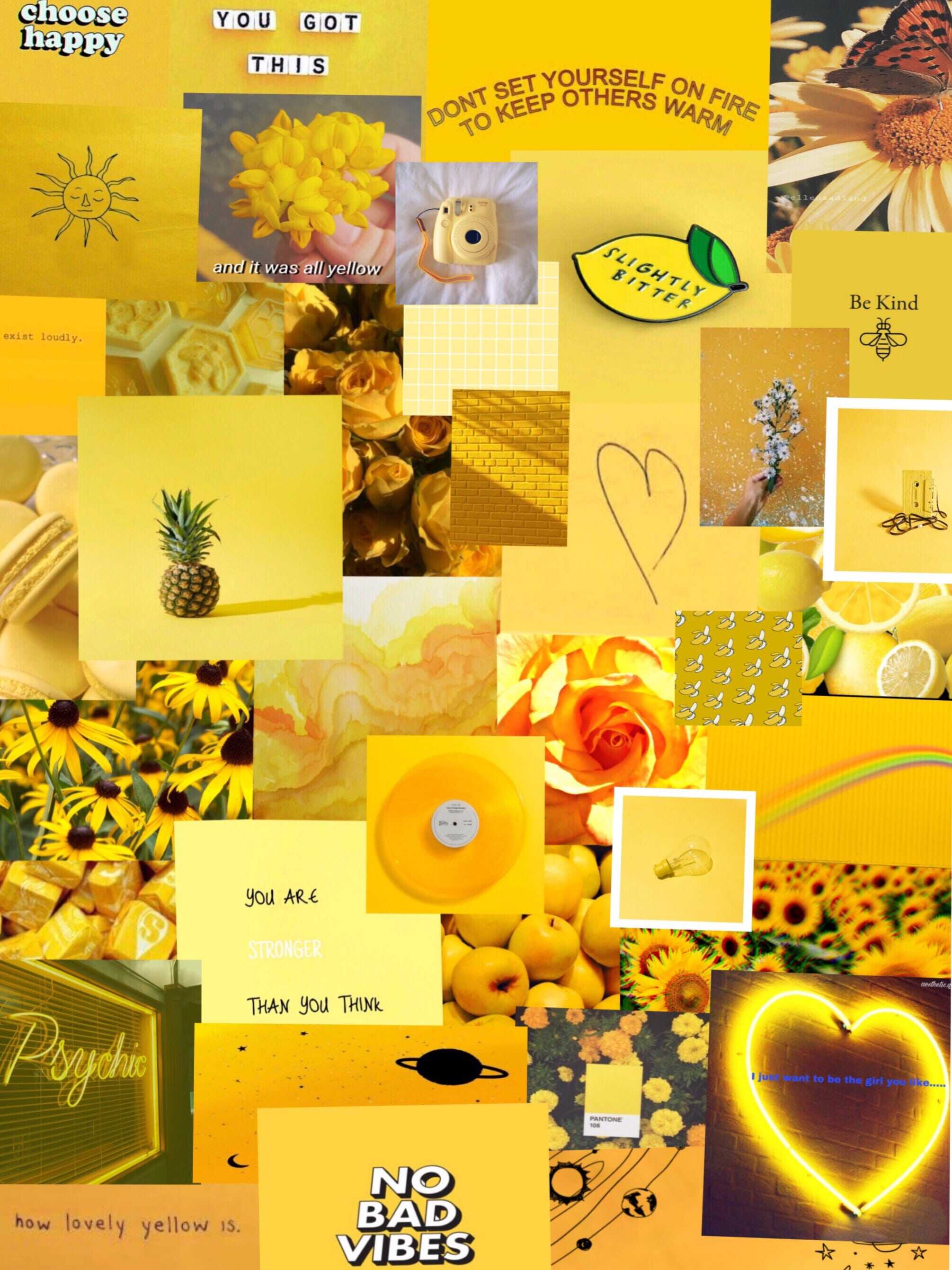 A collage of yellow aesthetic images including sunflowers, a heart, and a pineapple. - Yellow, yellow iphone, light yellow, warm