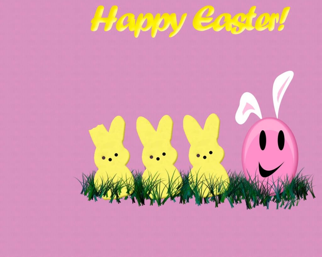 Easter wallpaper with a pink egg and three yellow bunnies - Easter