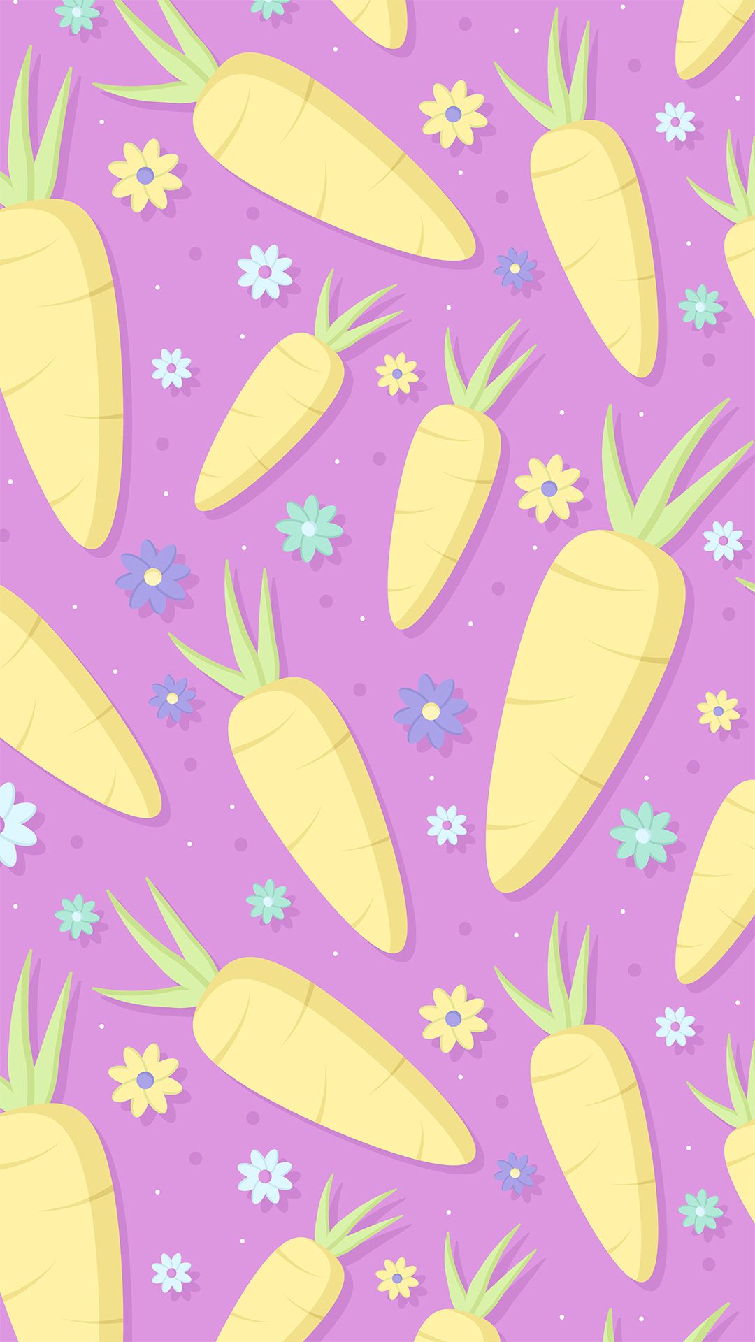 A pattern of yellow carrots and blue flowers on a purple background - Easter