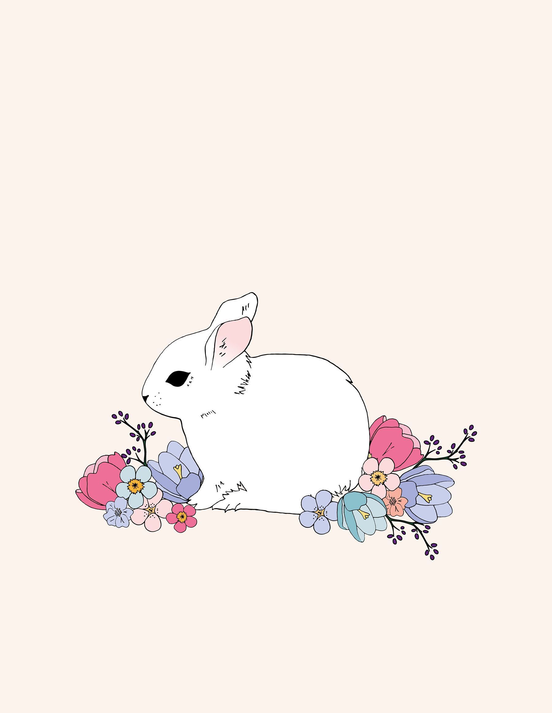 A white rabbit surrounded by flowers - Easter
