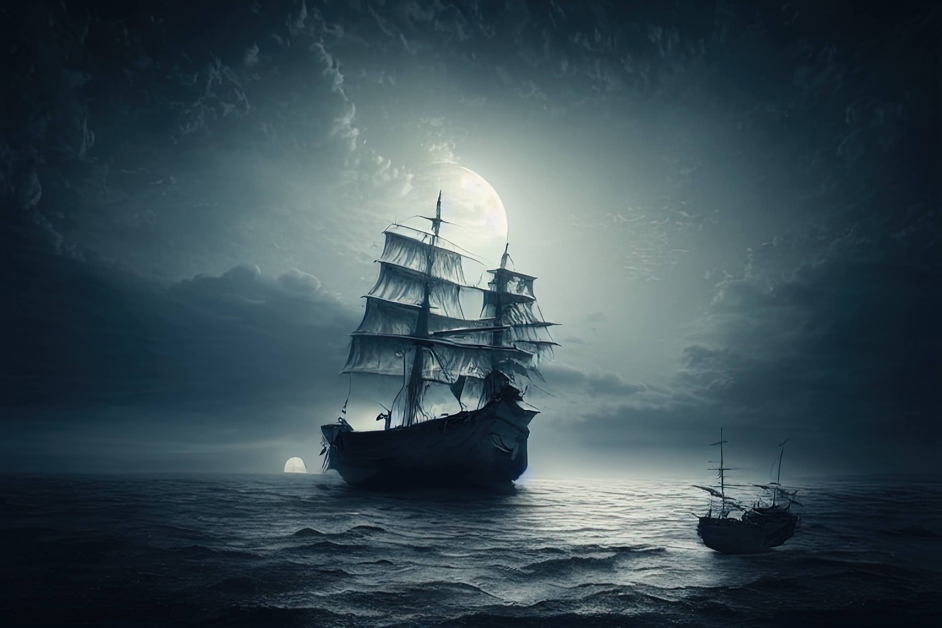 A pirate ship is illuminated