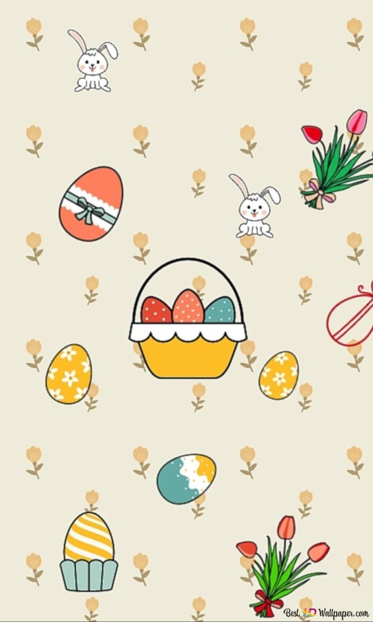 Easter wallpaper for iPhone with cute drawings of Easter eggs, bunnies, and flowers. - Easter