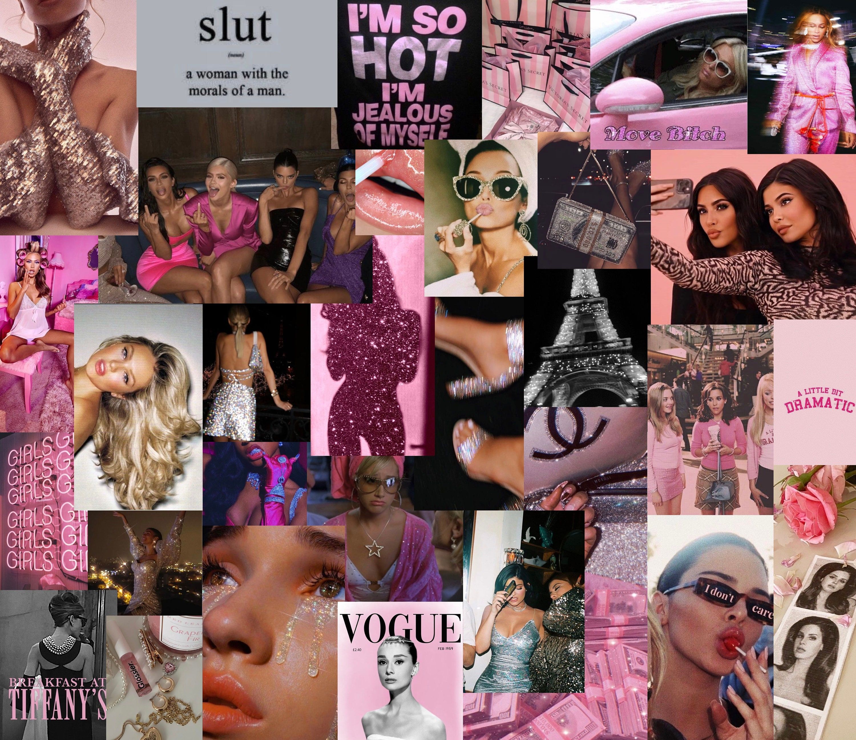 A collage of photos of women in pink and the word 