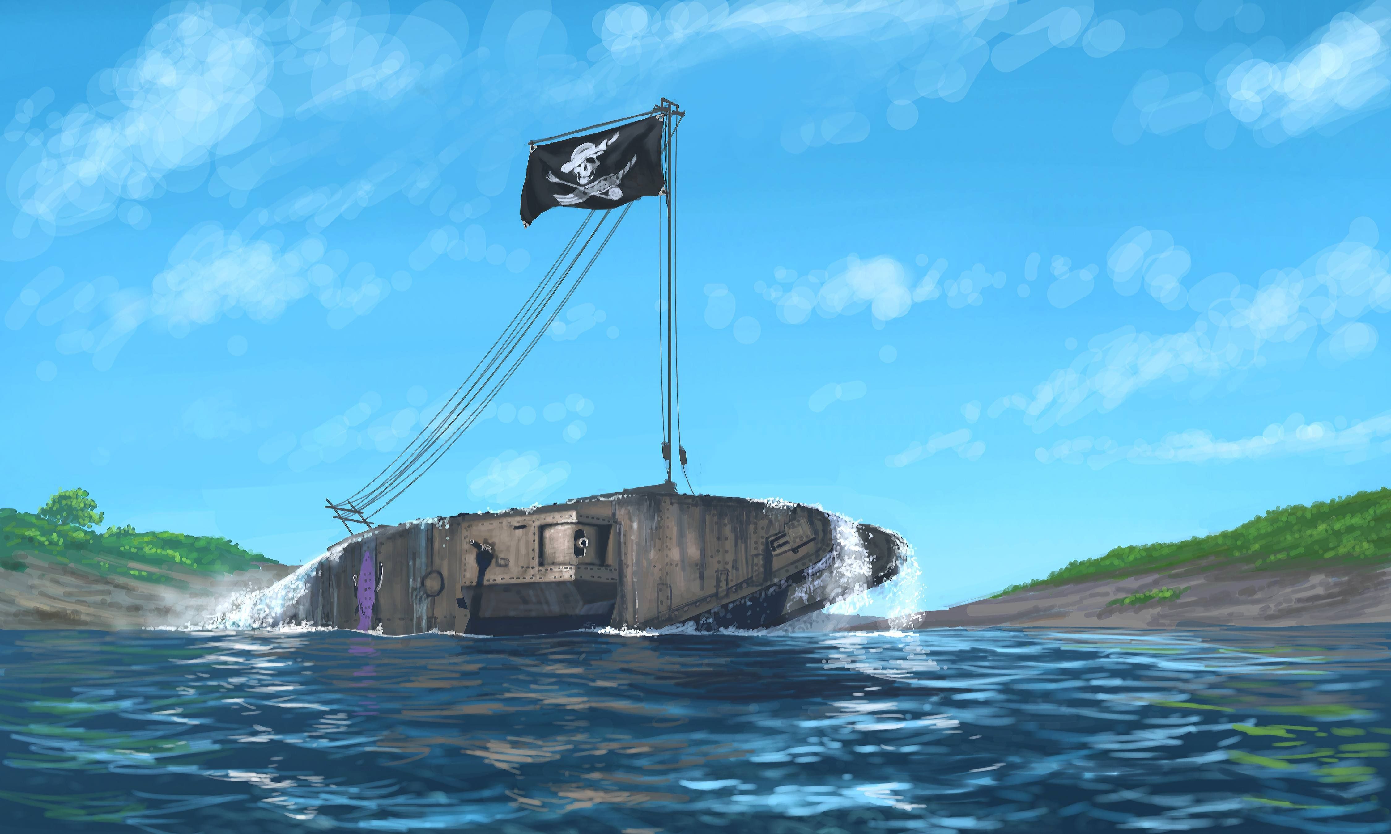 A small ship flying a Jolly Roger flag crashes through the water. - Pirate