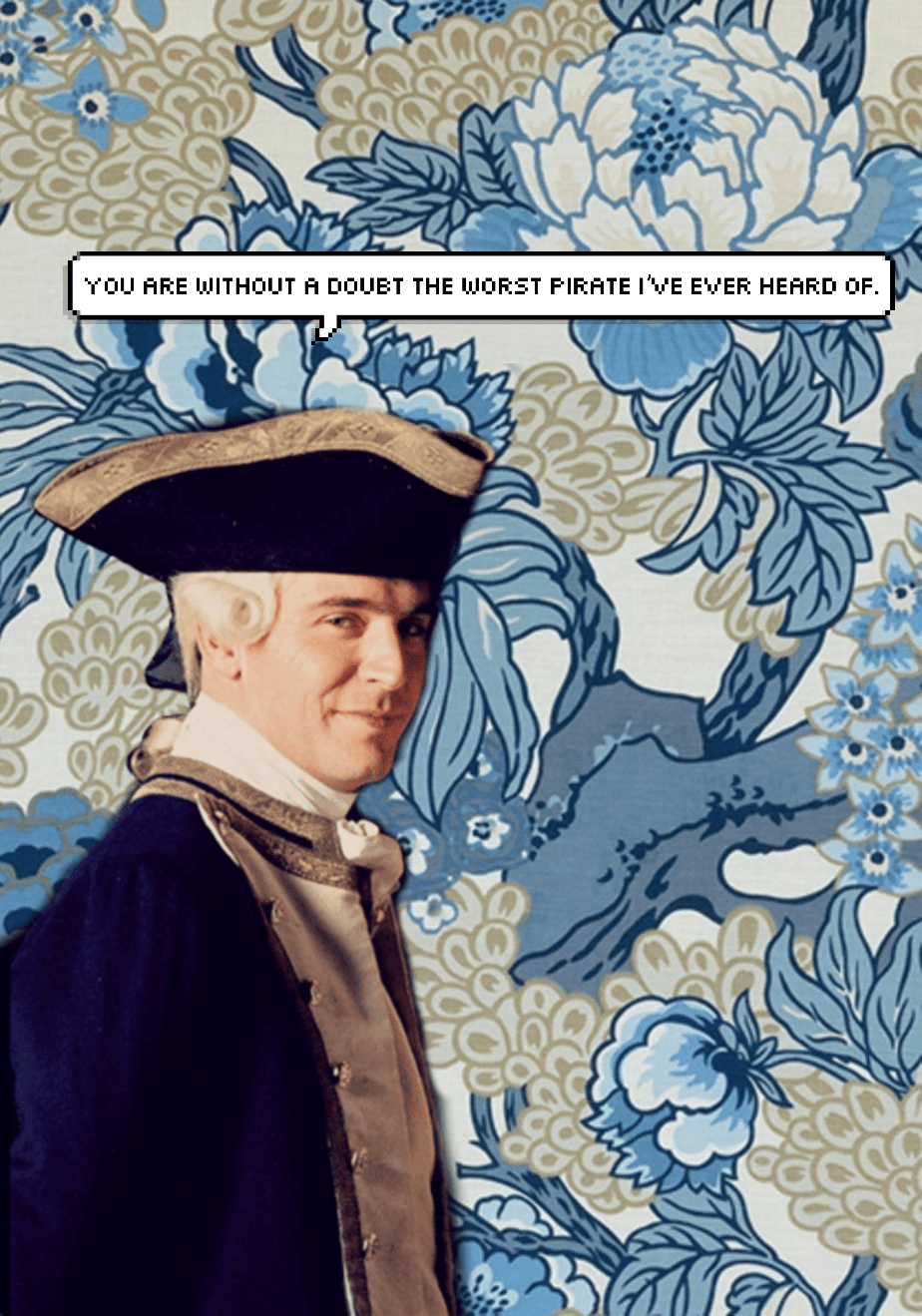 A man in blue and white clothing is standing next to an image of flowers - Pirate