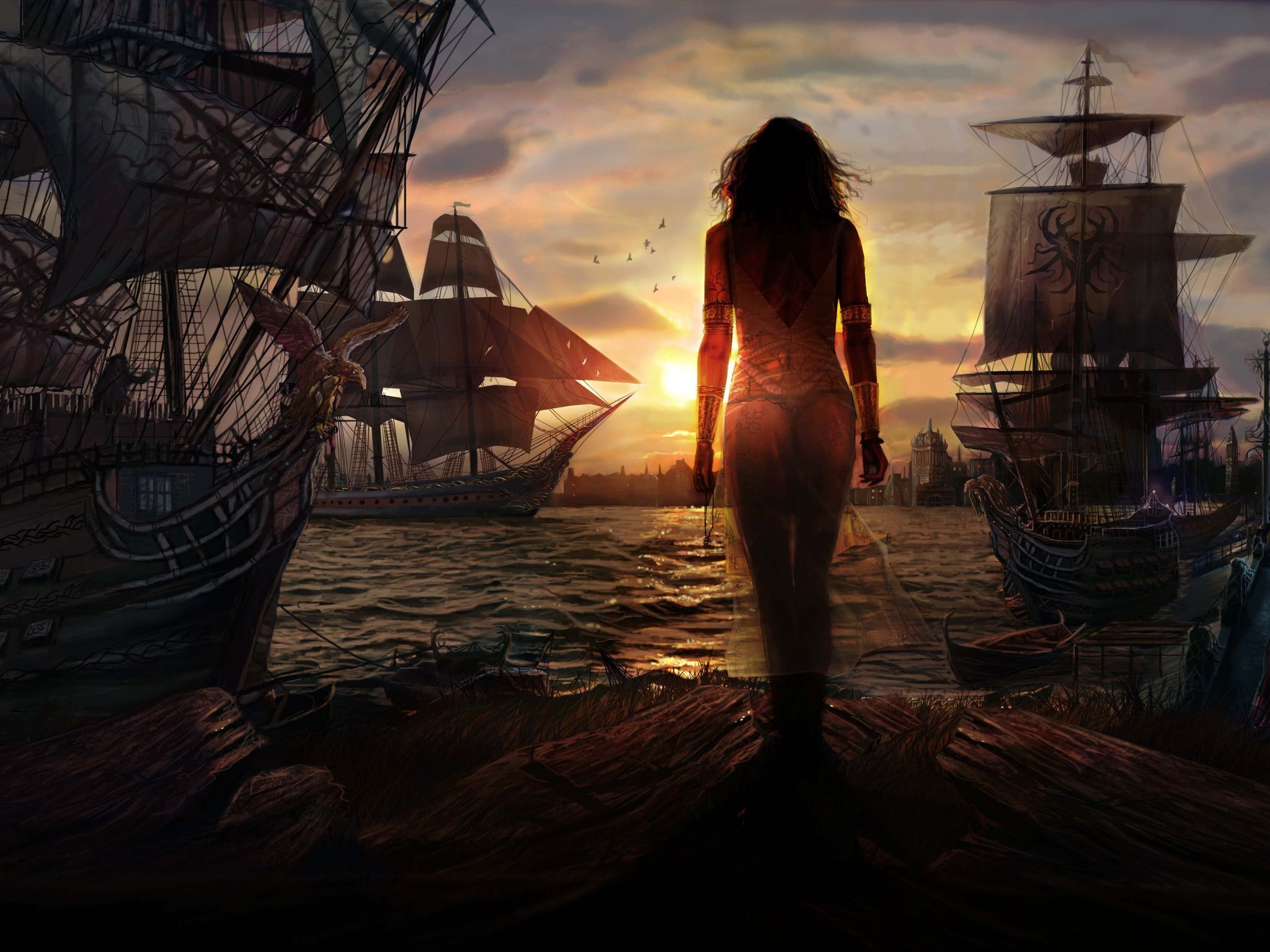 A woman in a red bikini stands on a dock looking out at a sunset with ships in the background - Pirate