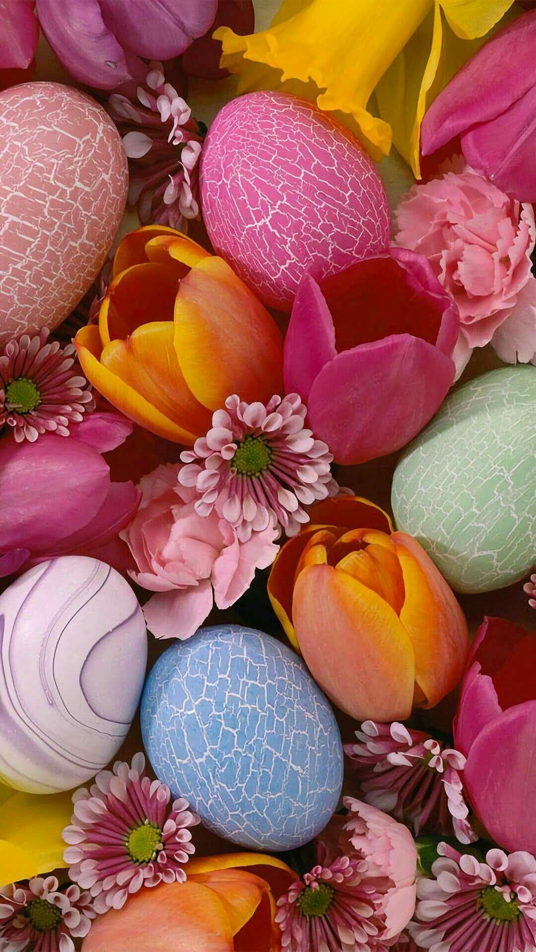 A close up of many colorful eggs and flowers - Easter, egg