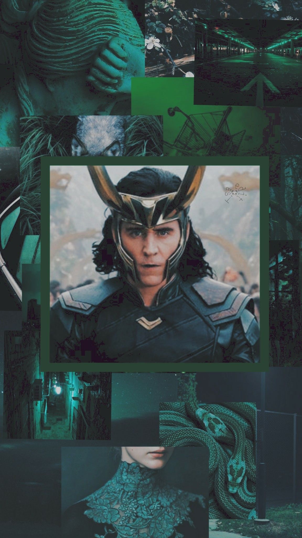 A collage of pictures of Tom Hiddleston as Loki, with a green aesthetic - Loki