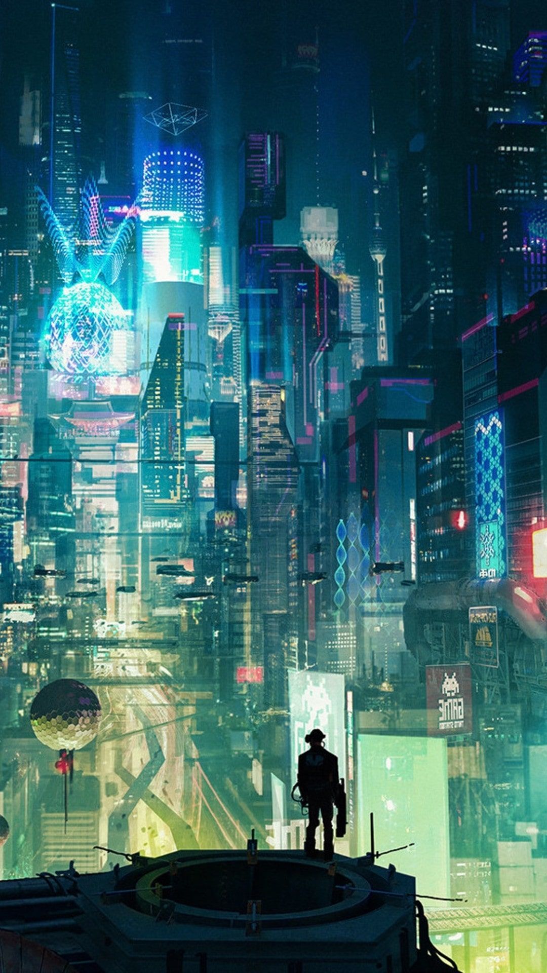 A city with neon lights and people standing on top of it - Cyberpunk