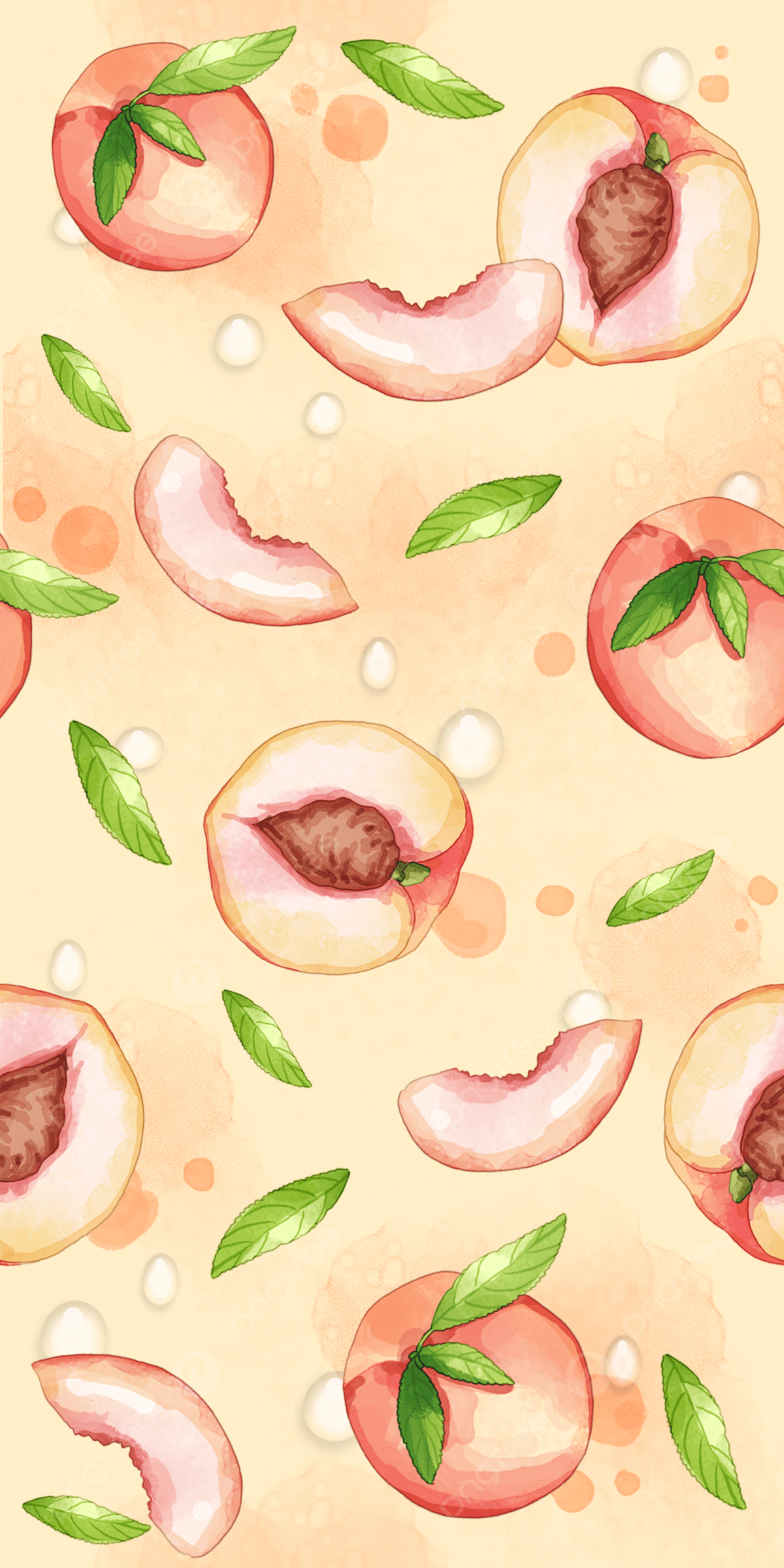 A pattern of whole and sliced peaches and leaves on a peach-colored background. - Fruit, peach