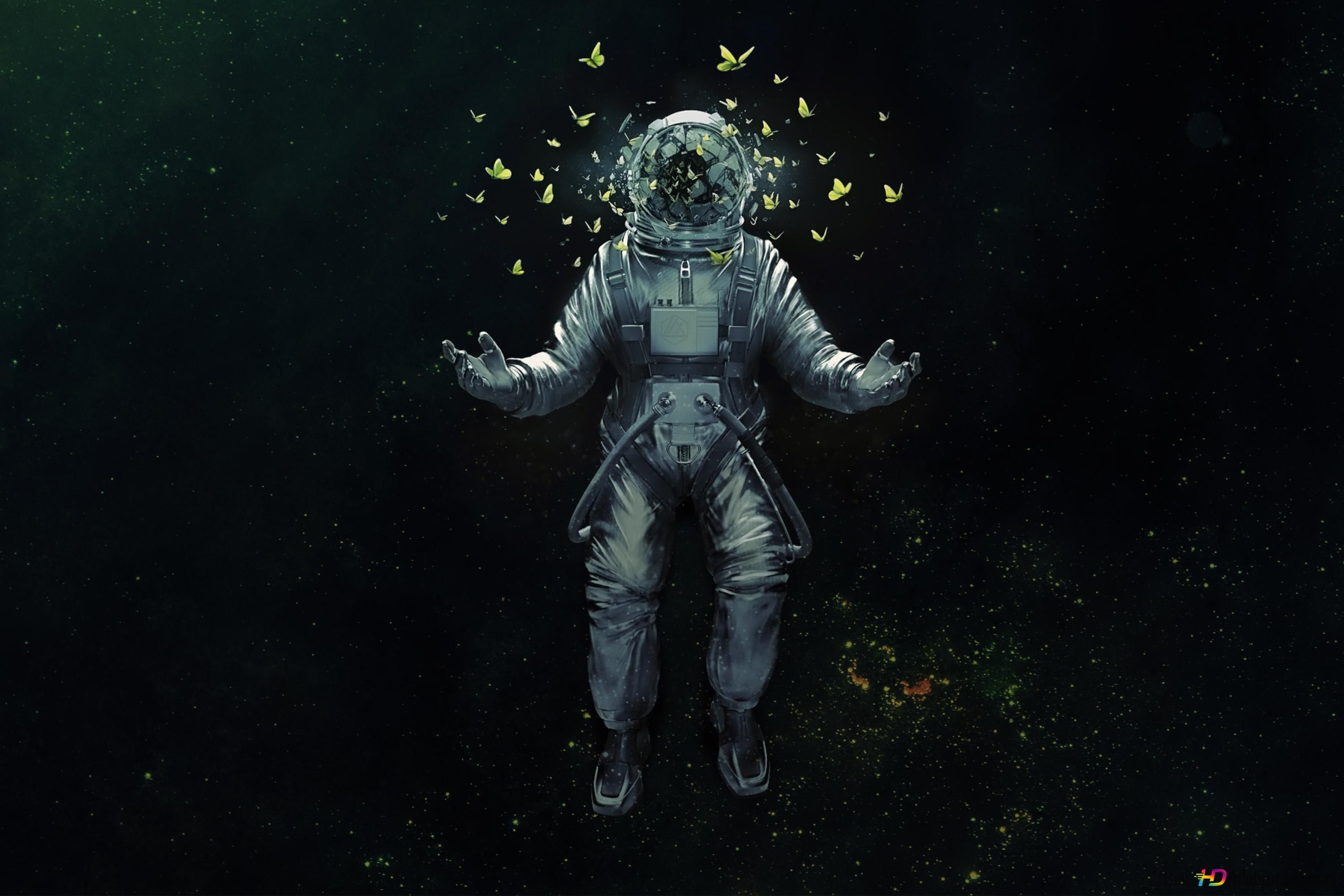 Silhouette of astronaut with butterflies flying around 2K wallpaper download