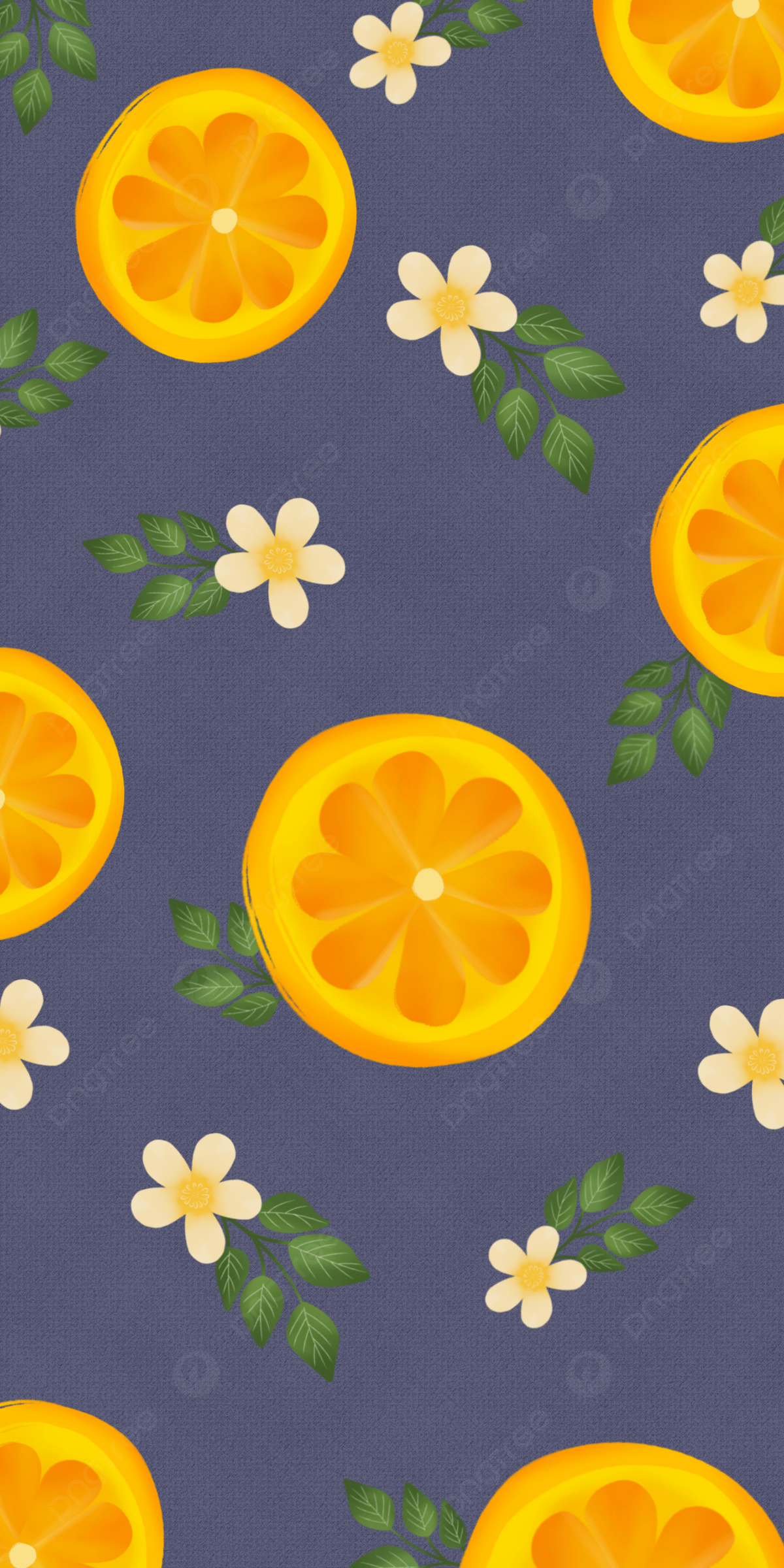 A pattern of orange slices and flowers on blue - Fruit