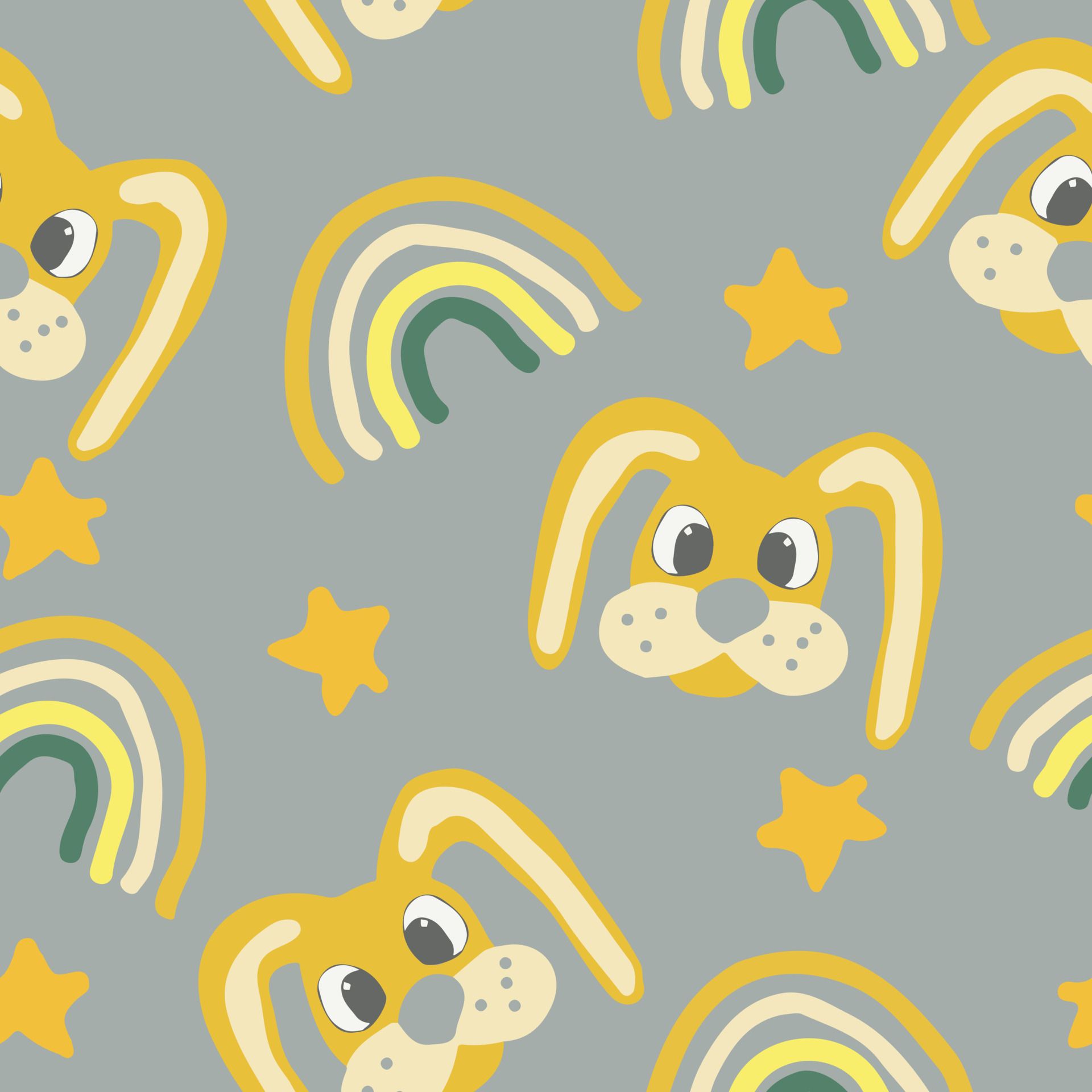 A pattern with yellow dogs, green and yellow rainbows, and yellow stars on a grey background - Easter