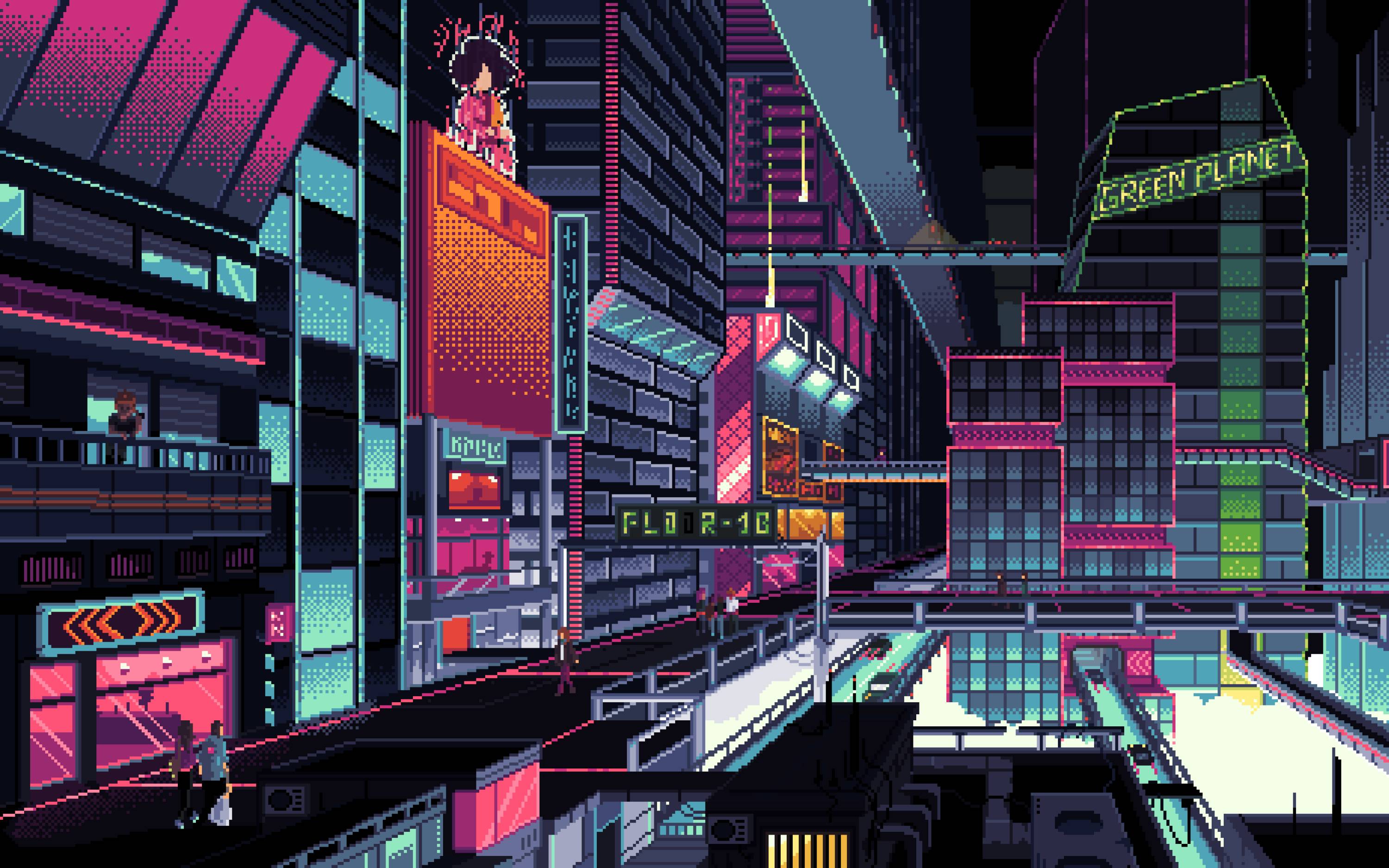 A futuristic city scene with neon lights - Cyberpunk, pixel art