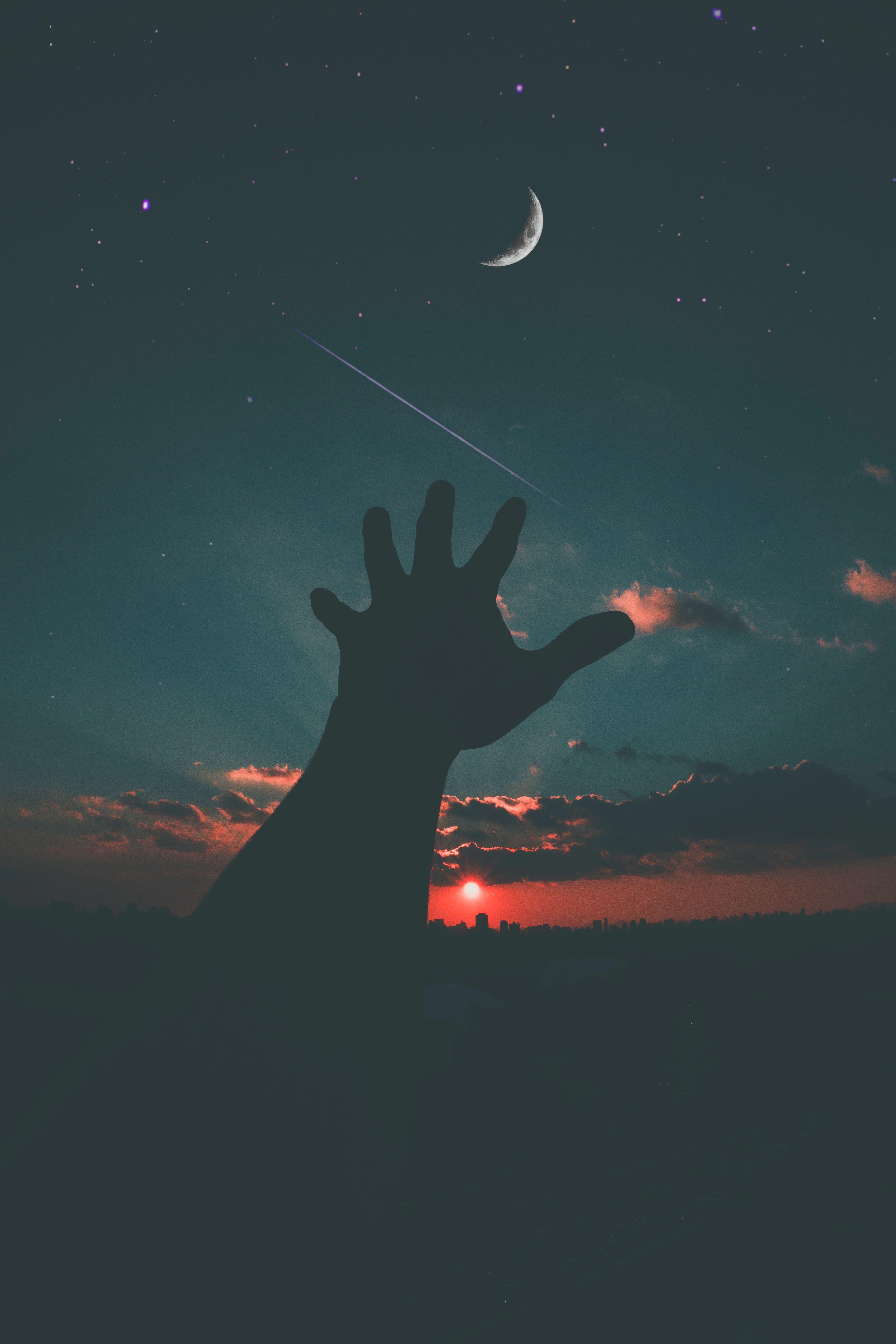 A hand reaching for the stars and the moon. - Moon, night