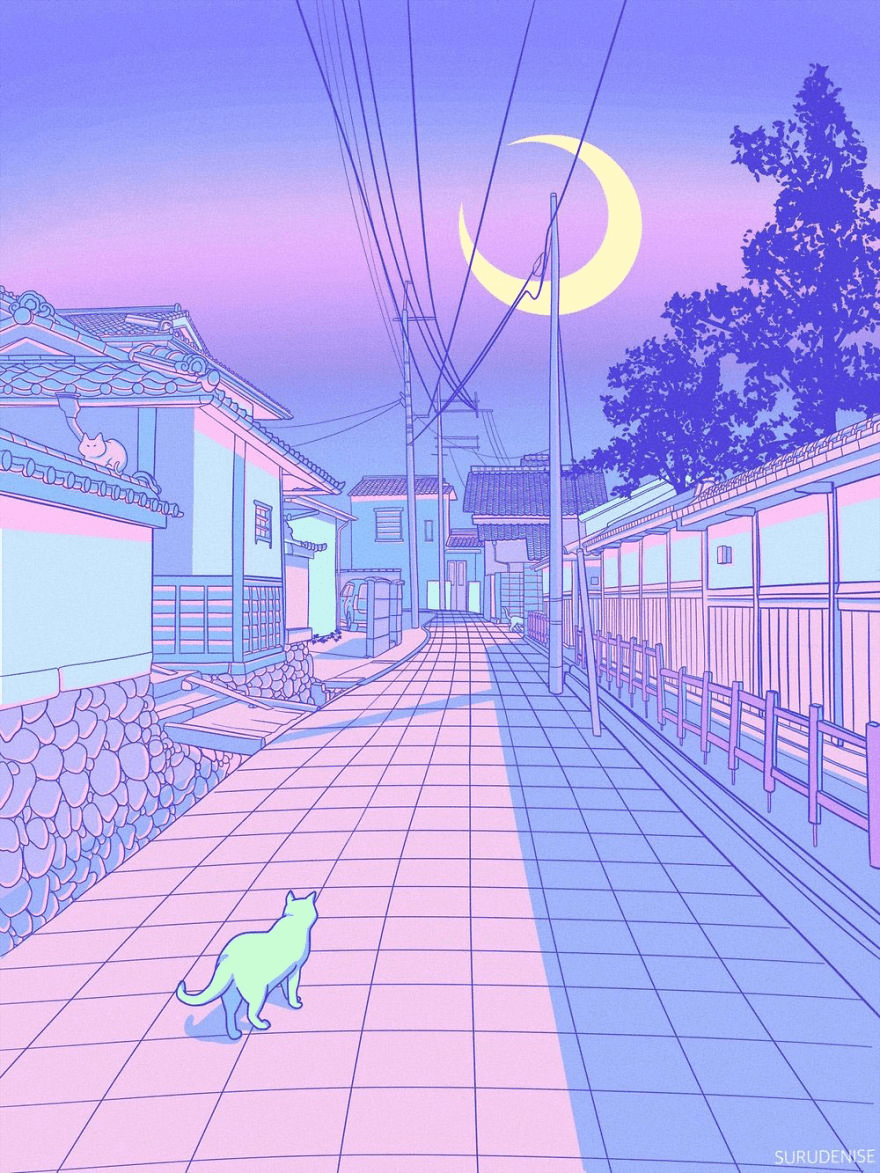 A cat walking down the street at night - Japan, pastel, Japanese