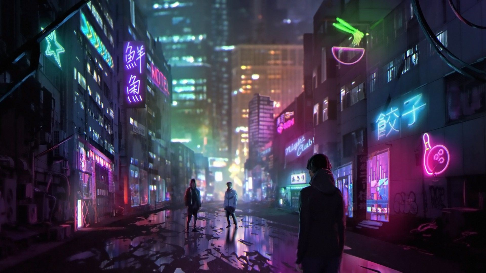 A neon city at night with people walking around - Cyberpunk