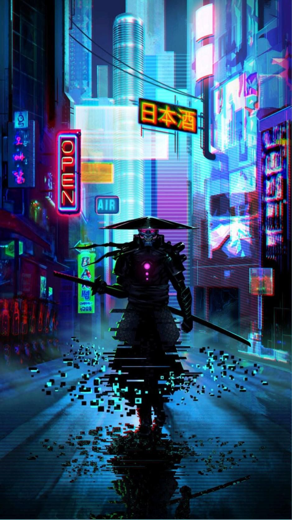Cyberpunk samurai in the neon night - Samurai, Cyberpunk